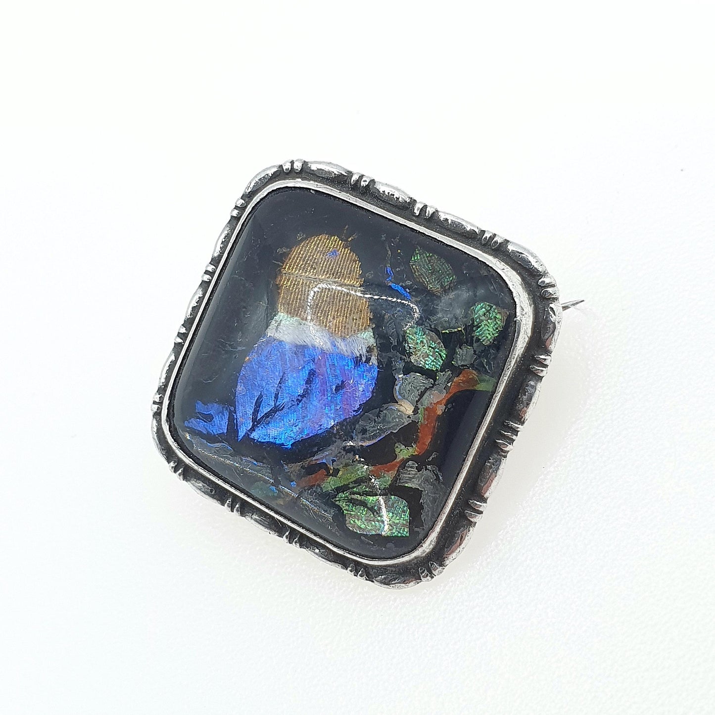 Antique Art Deco Solid Silver Butterfly Wing Bird Brooch Hand Painted Jewelry Vintage Womens Mens Insect Jewelry