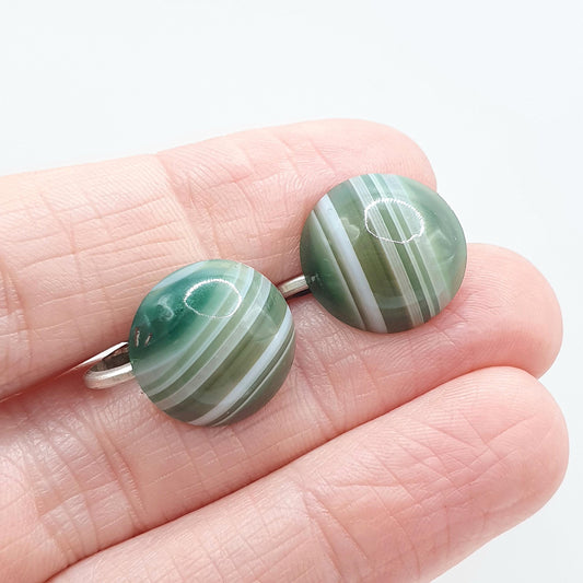 Antique Art Deco Green Agate Earrings Banded Striped Round Clip On Mens Unisex Gift Jewelry Jewellery Womens
