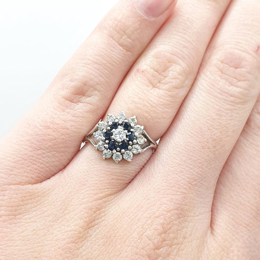 Vintage Sterling Silver Sapphire & CZ Cluster Ring Halo Blue and White Gemstones Gift Womens Jewellery Jewelry