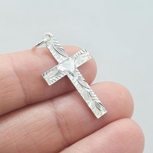 Antique Sterling Silver Cross Crucifix Pendant Necklace Engraved Front Cruciform Christian Mens Womens Jewelry Jewellery