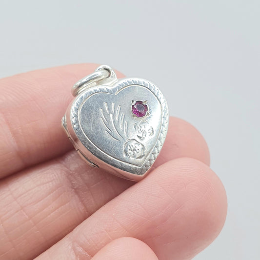 Vintage Sterling Silver Ruby Heart Locket Pendant Necklace Genuine Gemstone Picture Photo Keepsake Womens Unisex Jewelry Jewellery