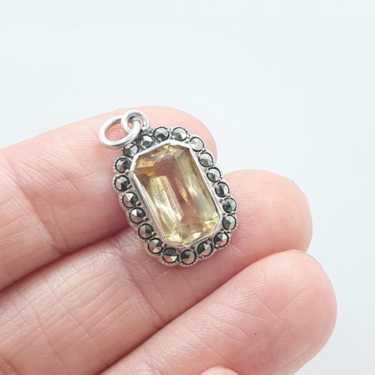 Antique Citrine Solid Silver Necklace Pendant Art Deco Marcasite Rectangular Cut Genuine Real 1920s Vintage Gemstone Quartz