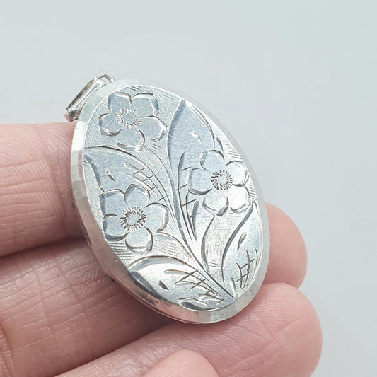Vintage GEORG JENSEN Sterling Silver Locket Oval Flower Engraved Necklace Pendant Picture Photo Womens Jewelry Jewellery Unisex
