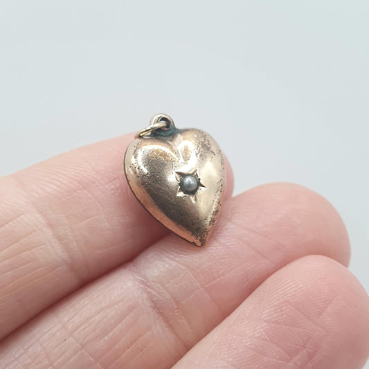 Antique Victorian Rolled Gold Puffer Heart Charm Pendant Seed Pearl Centre Gold Filled Necklace Jewelry Jewellery Womens Mens Unisex