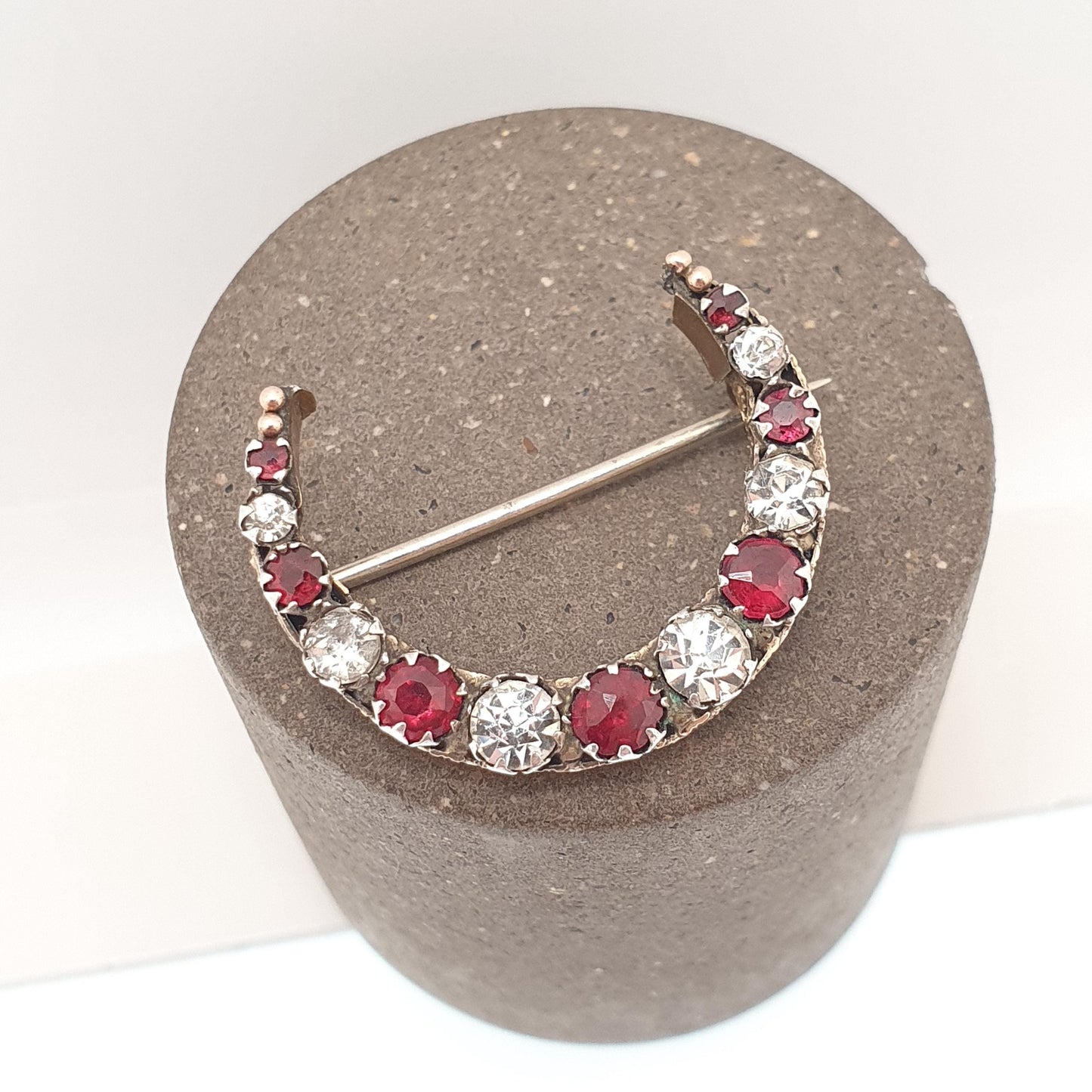 Antique Victorian 9ct 9k Gold Crescent Moon Brooch Garnet & Diamond Tone Paste Solid 375 Celestial Pin Vintage Womens Jewelry Jewellery
