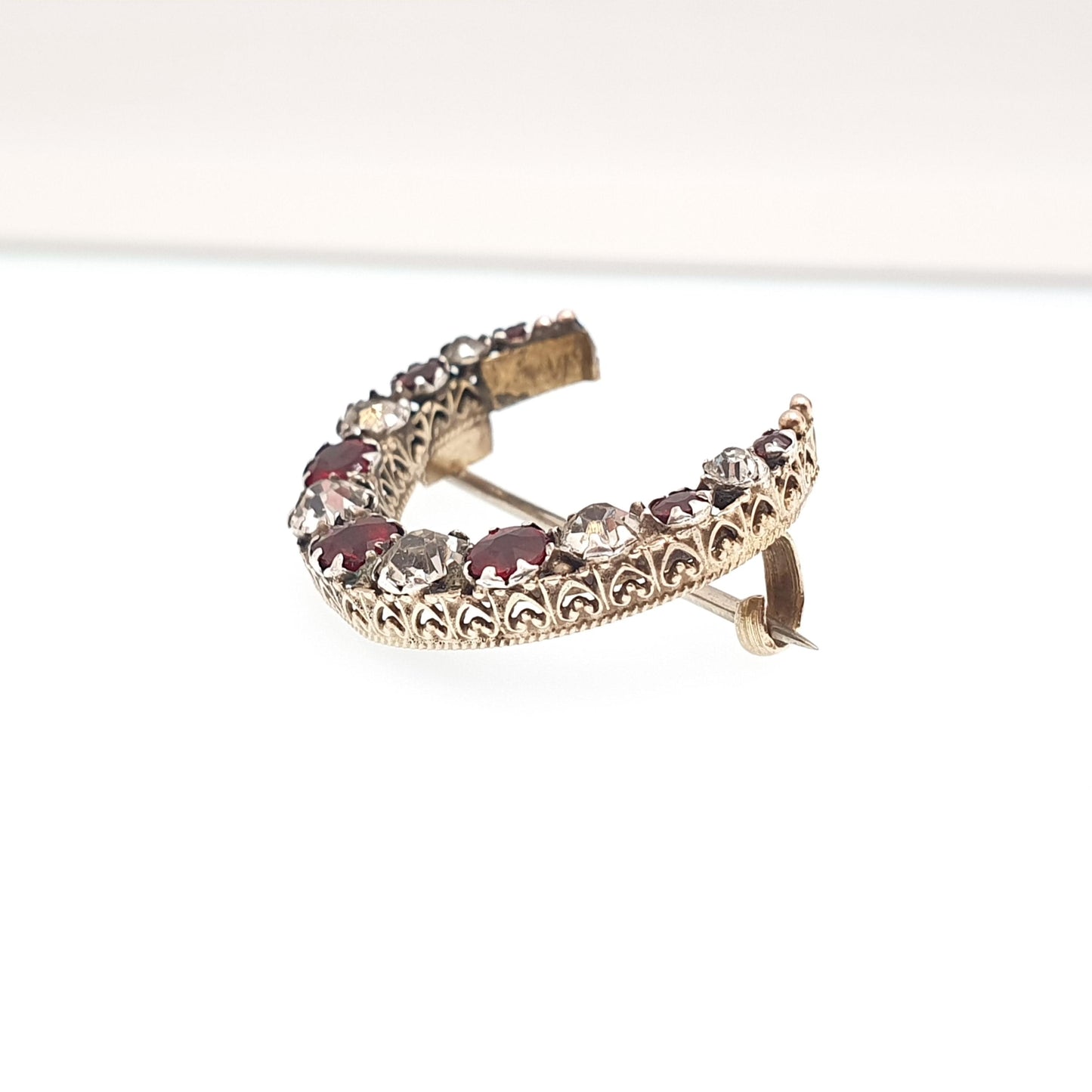 Antique Victorian 9ct 9k Gold Crescent Moon Brooch Garnet & Diamond Tone Paste Solid 375 Celestial Pin Vintage Womens Jewelry Jewellery