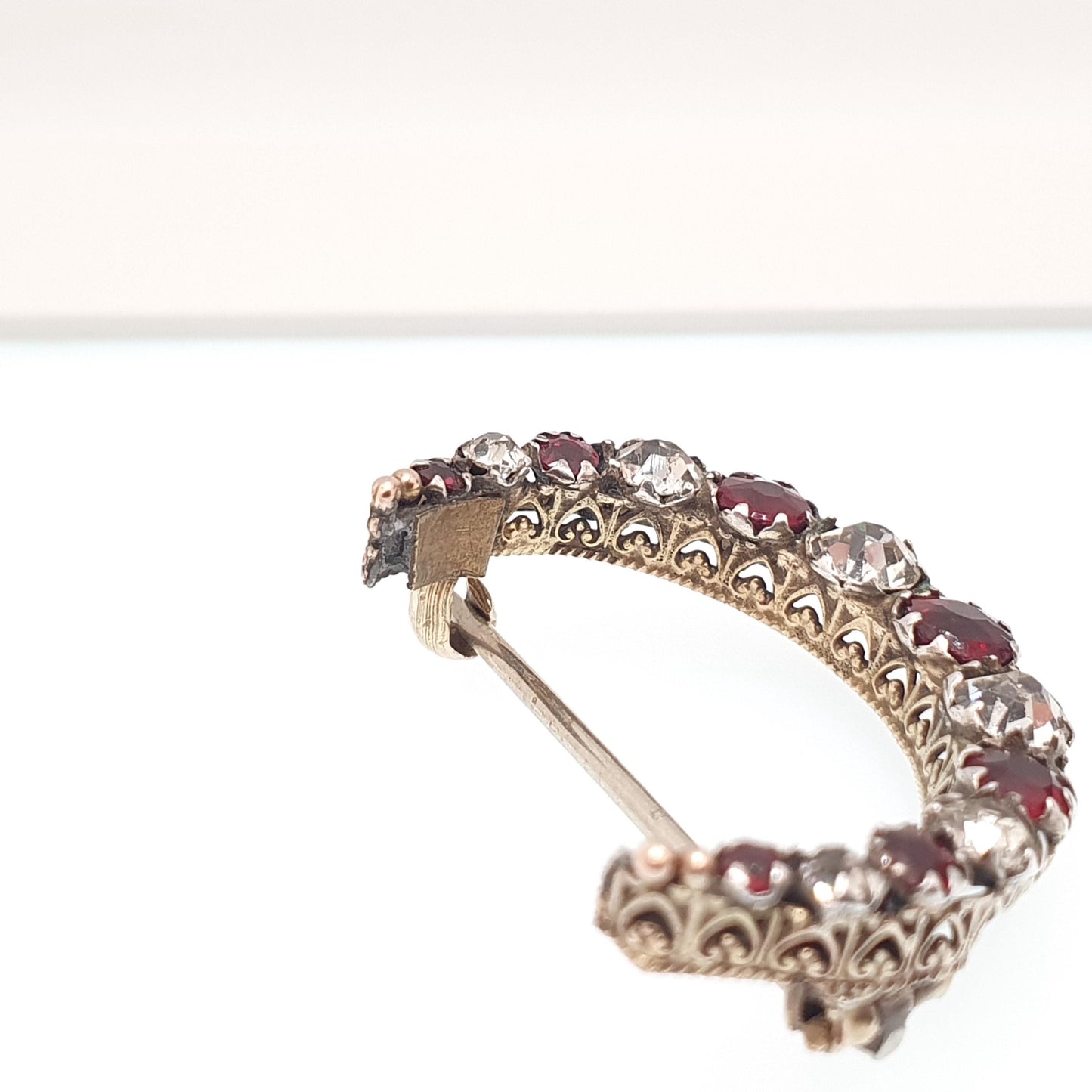 Antique Victorian 9ct 9k Gold Crescent Moon Brooch Garnet & Diamond Tone Paste Solid 375 Celestial Pin Vintage Womens Jewelry Jewellery
