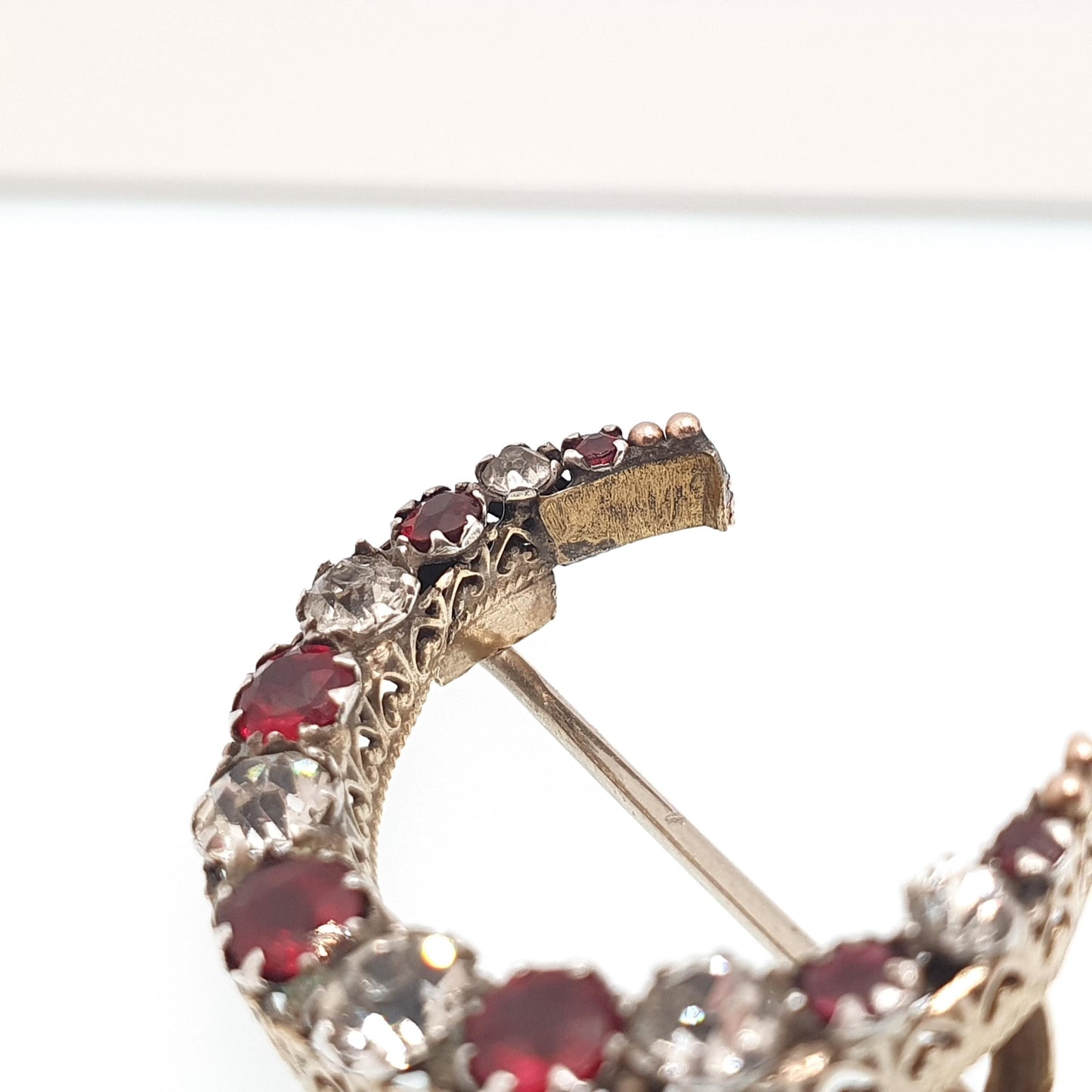 Antique Victorian 9ct 9k Gold Crescent Moon Brooch Garnet & Diamond Tone Paste Solid 375 Celestial Pin Vintage Womens Jewelry Jewellery