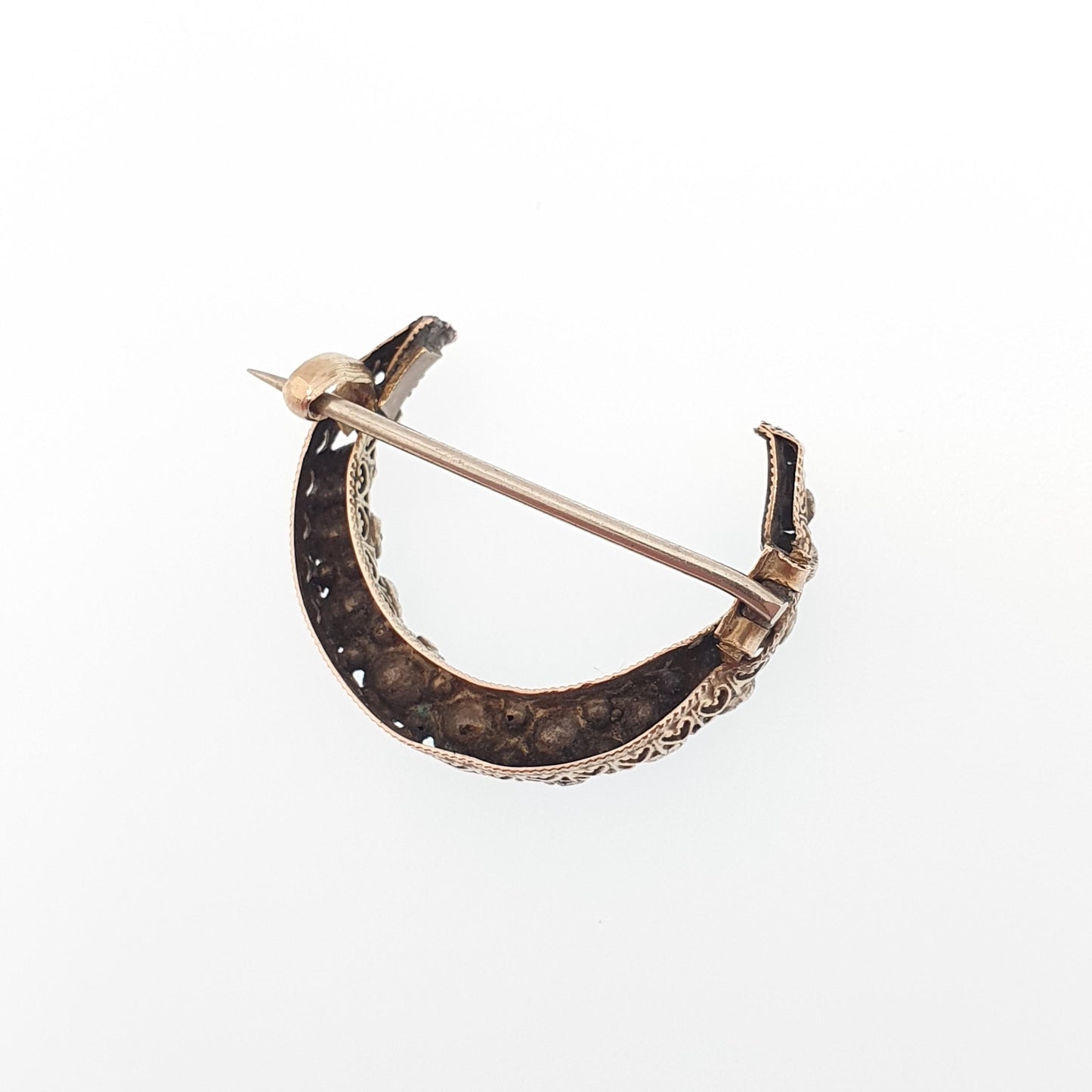 Antique Victorian 9ct 9k Gold Crescent Moon Brooch Garnet & Diamond Tone Paste Solid 375 Celestial Pin Vintage Womens Jewelry Jewellery