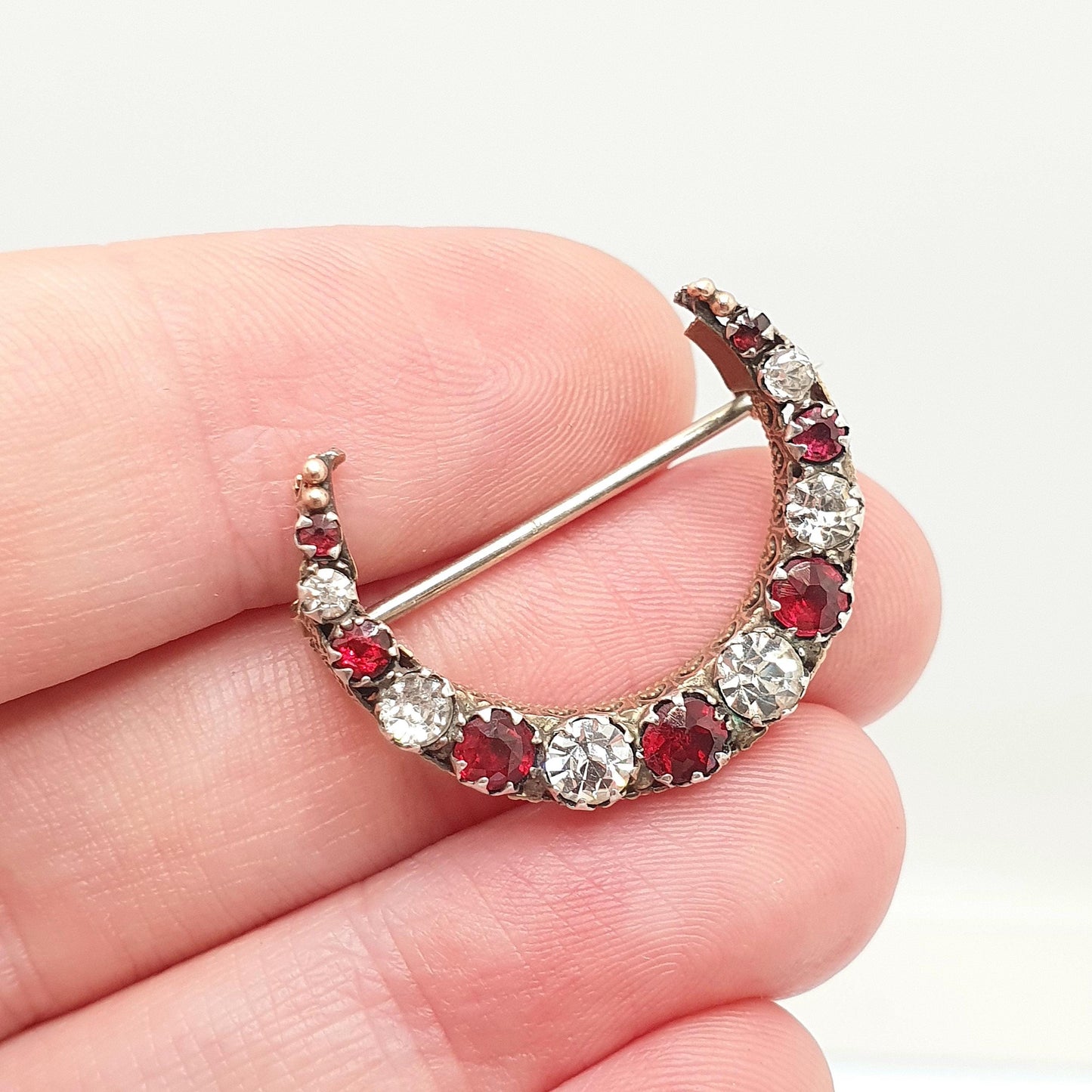 Antique Victorian 9ct 9k Gold Crescent Moon Brooch Garnet & Diamond Tone Paste Solid 375 Celestial Pin Vintage Womens Jewelry Jewellery