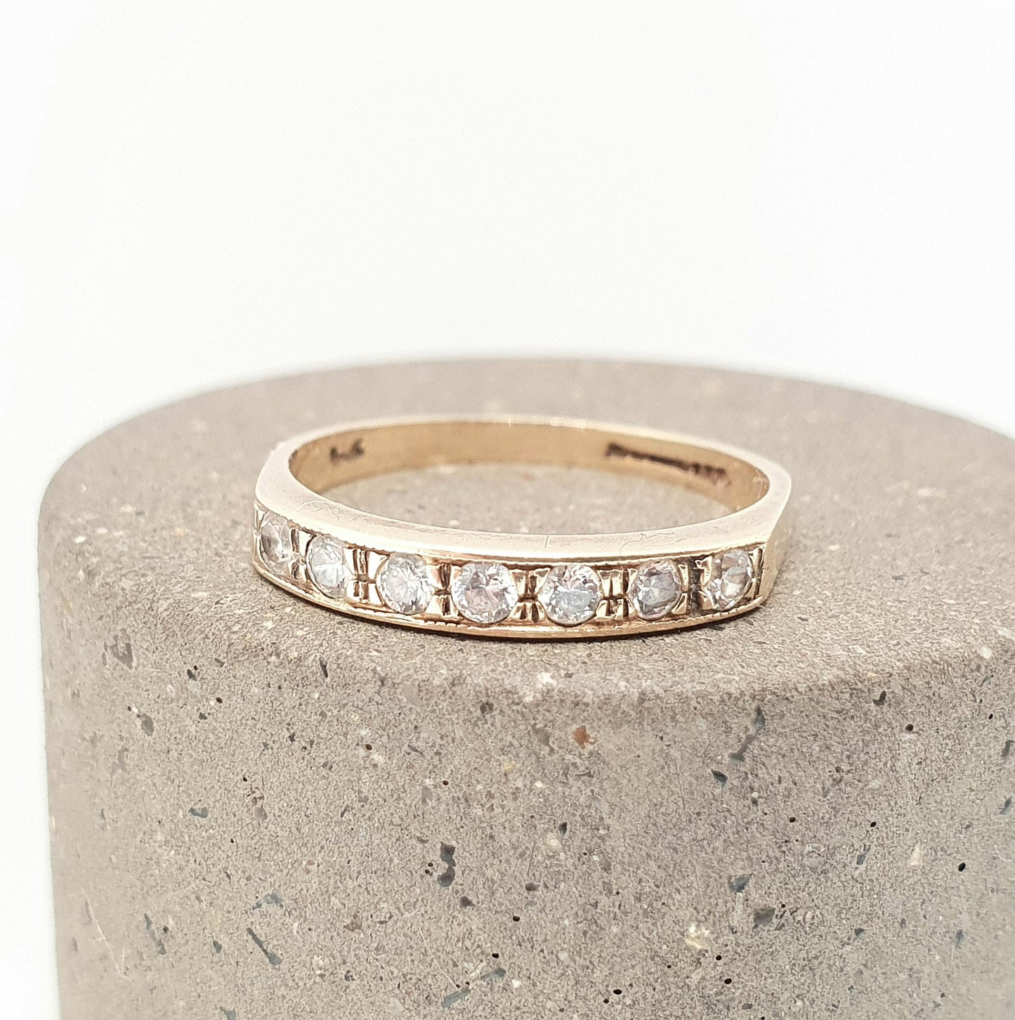 Vintage 9k 9ct Gold Half Eternity Ring CZ Gemstones Diamond Simulant Stacker Sparkly Solid 375 Retro Womens Jewelry Jewellery