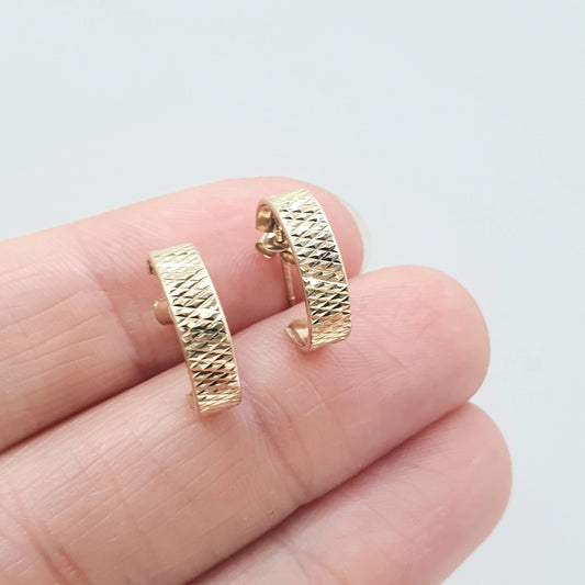 Vintage 9ct Gold Chequered Hoop Stud Earrings Three Quarter Etched Solid 375 9kt Retro Womens Jewelry Jewellery Mens Unisex
