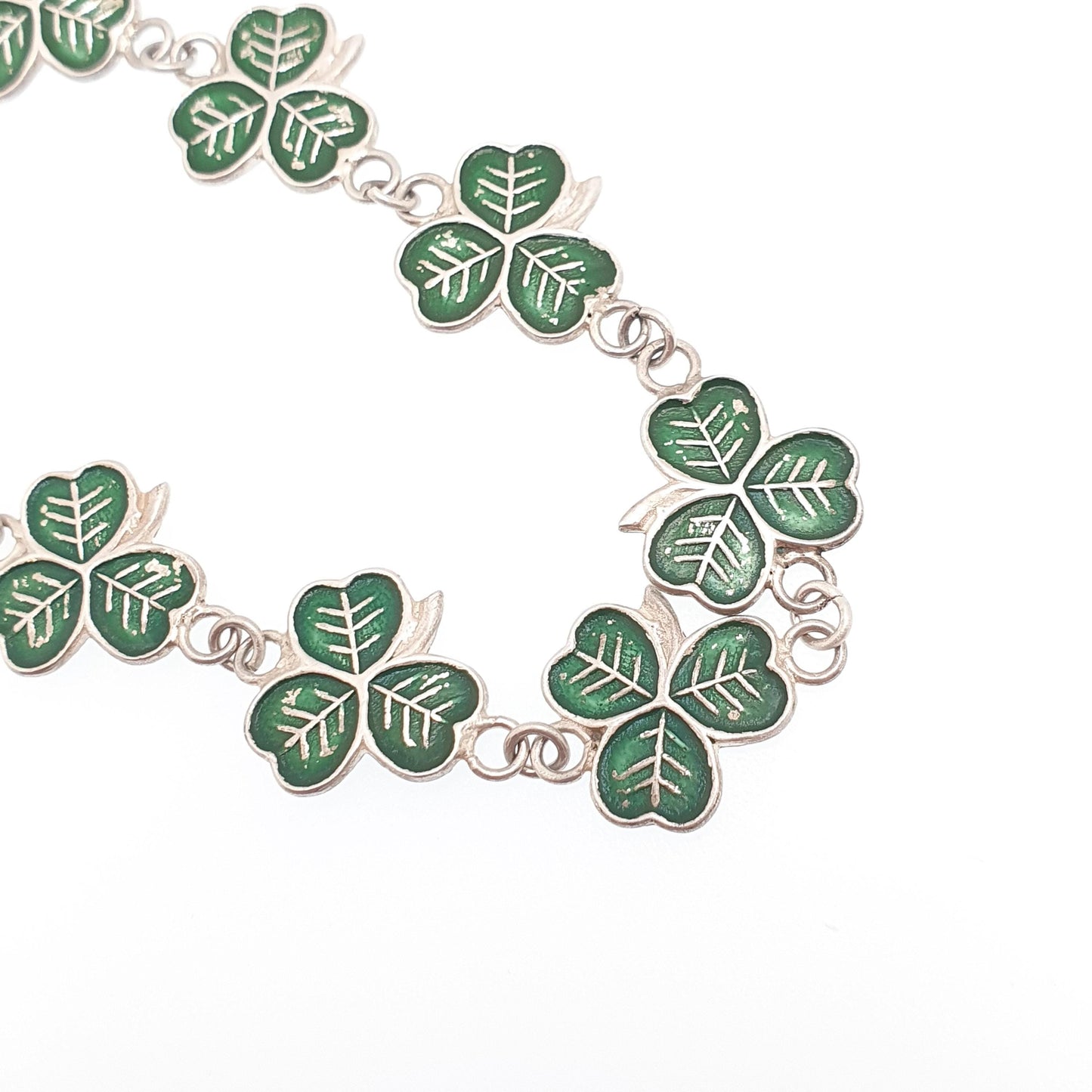 Antique Sterling Silver Clover Bracelet Three Leaf Green Enamel Irish Shamrock Good Luck Lucky 10.27g 18cm Vintage Womens Jewelry Jewellery