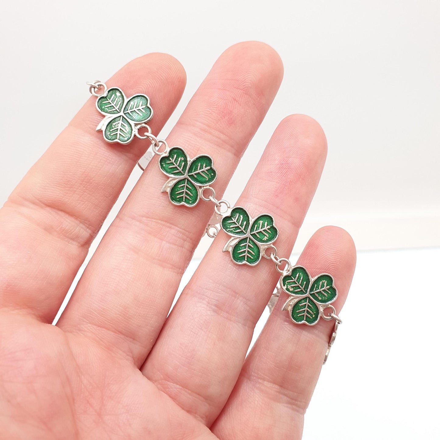 Antique Sterling Silver Clover Bracelet Three Leaf Green Enamel Irish Shamrock Good Luck Lucky 10.27g 18cm Vintage Womens Jewelry Jewellery