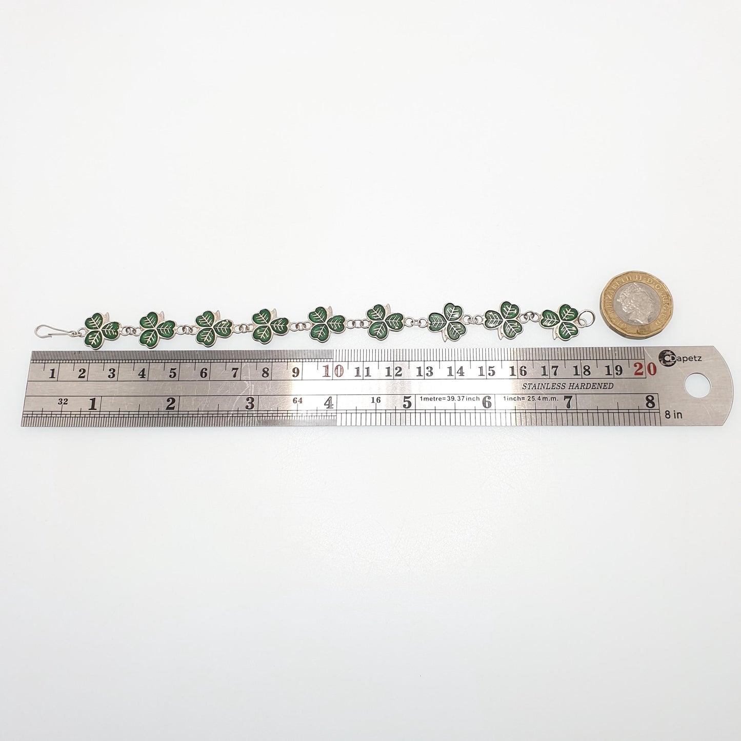 Antique Sterling Silver Clover Bracelet Three Leaf Green Enamel Irish Shamrock Good Luck Lucky 10.27g 18cm Vintage Womens Jewelry Jewellery