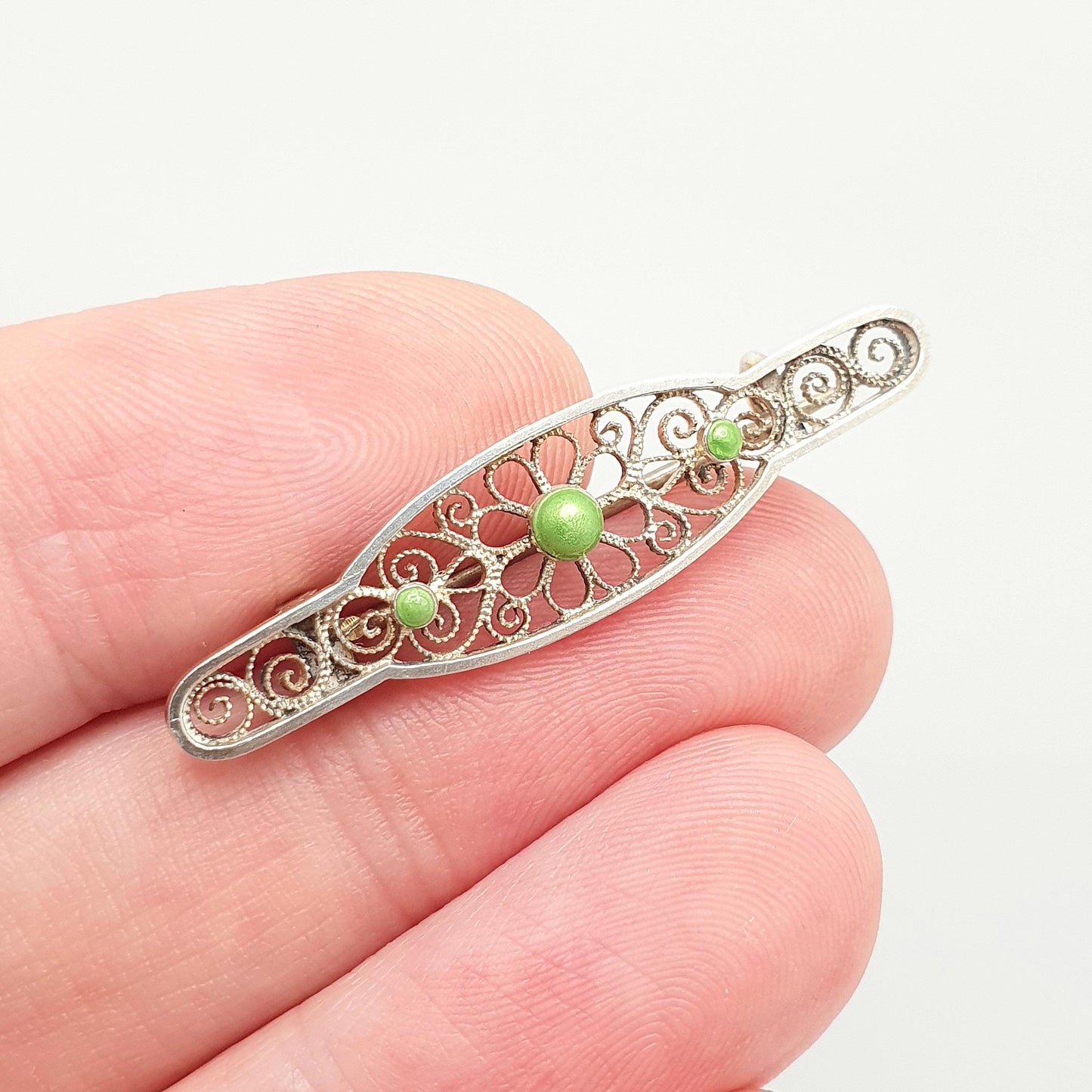 Antique MARIUS HAMMER Solid Silver Brooch Pin Green Enamel Filigree 930S Scandinavian Jewelry Jewellery Vintage