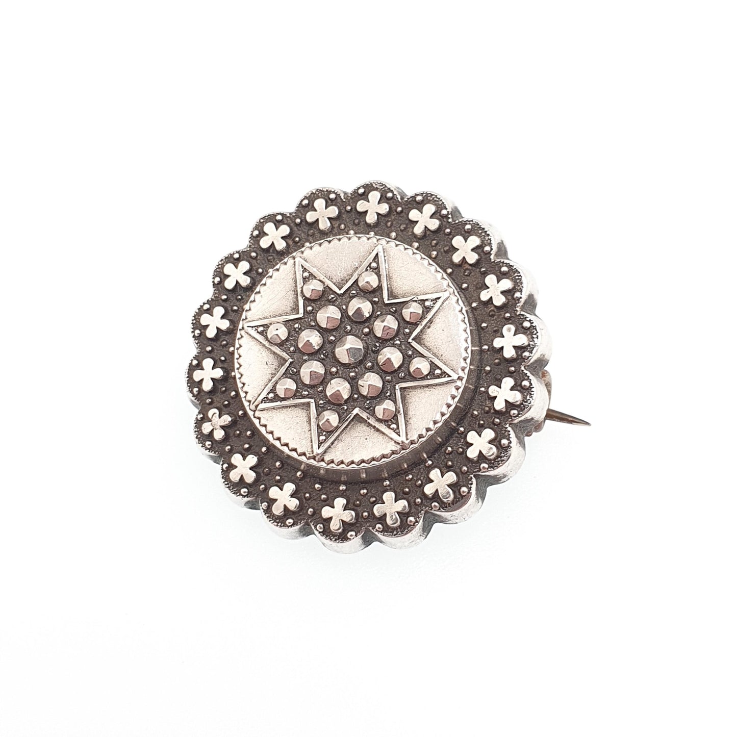 Antique Victorian Solid Silver Mourning Locket Brooch Star Celestial Pin Opening Rear Picture 1800s Womens Jewelry Jewellery