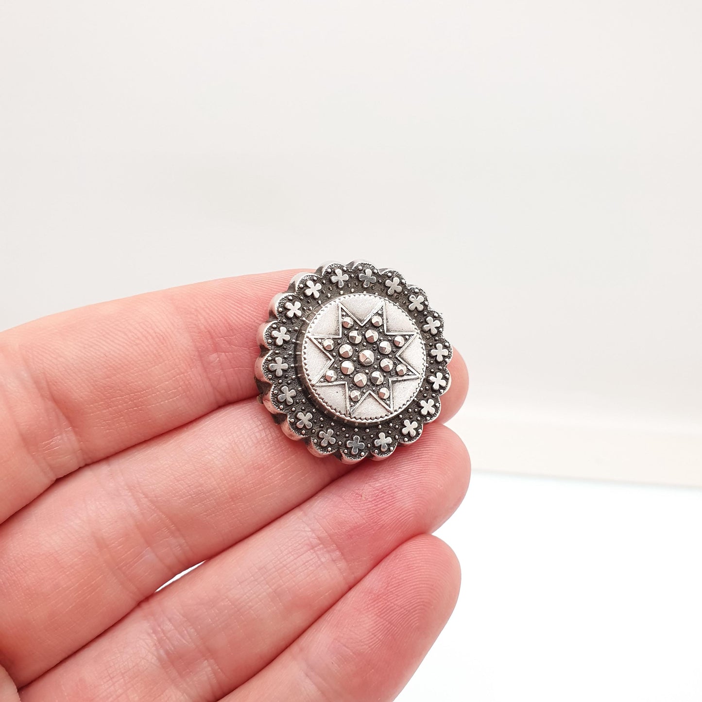 Antique Victorian Solid Silver Mourning Locket Brooch Star Celestial Pin Opening Rear Picture 1800s Womens Jewelry Jewellery