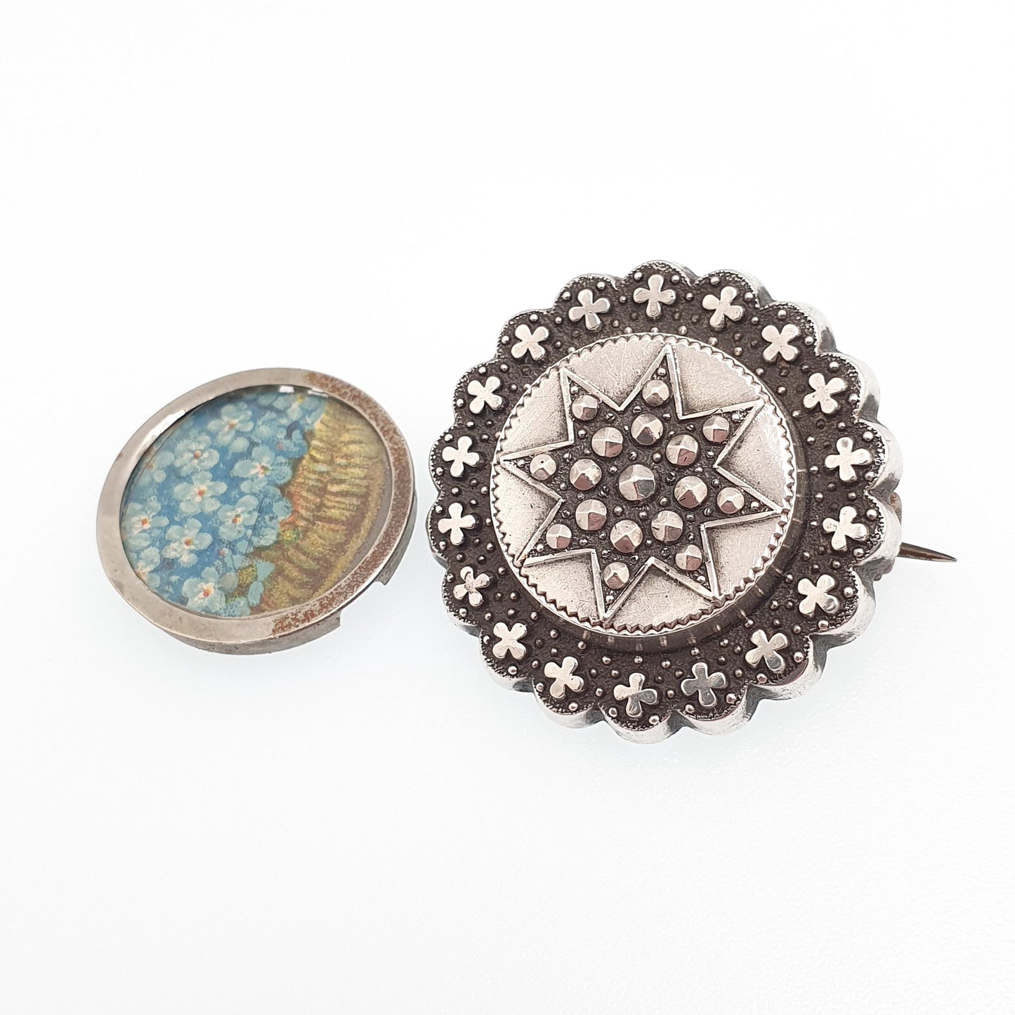 Antique Victorian Solid Silver Mourning Locket Brooch Star Celestial Pin Opening Rear Picture 1800s Womens Jewelry Jewellery