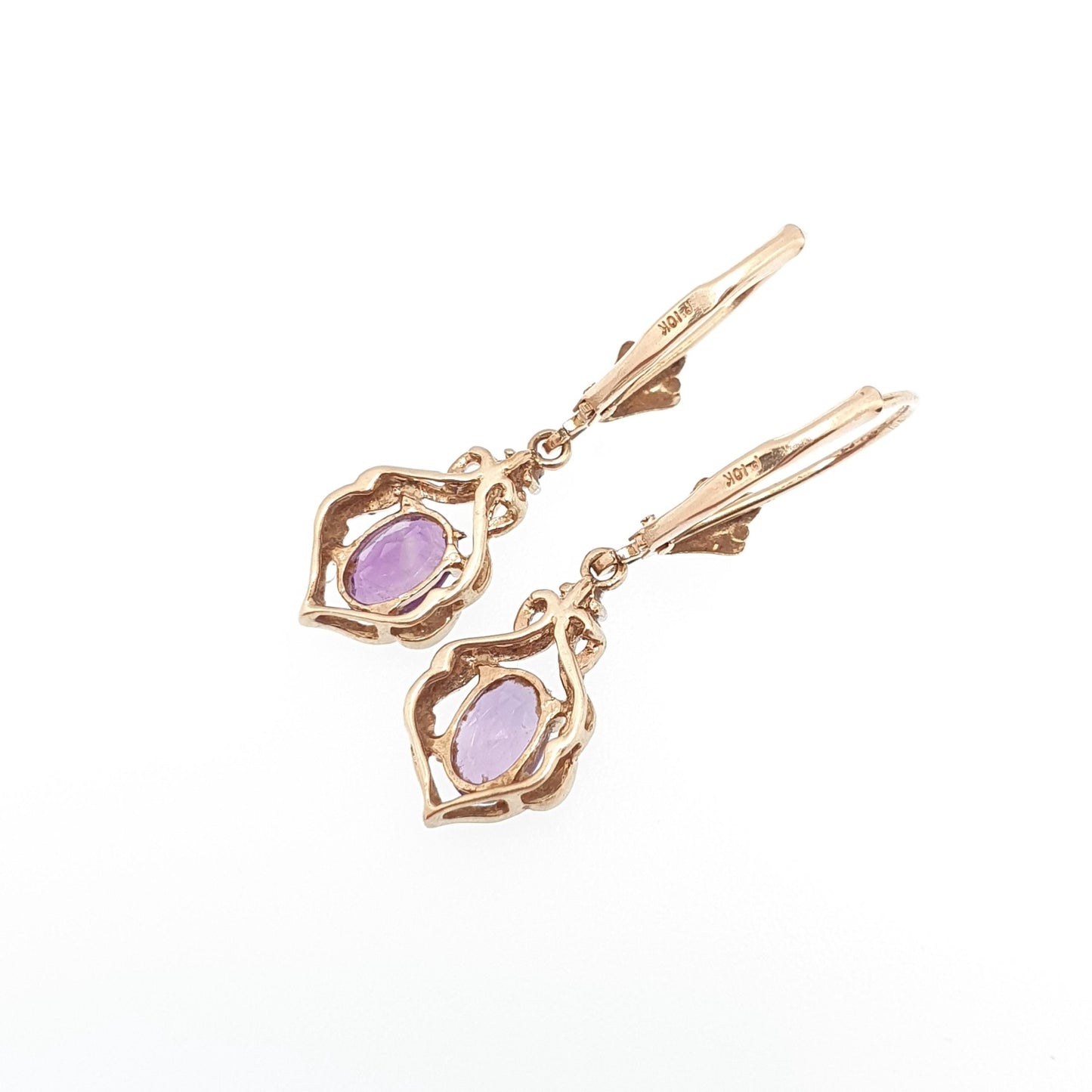 Vintage 10k 10kt Gold Amethyst & Diamond Earrings Oval Cut Hanging Drop Solid 417 Purple Gemstone Jewelry Jewellery Retro