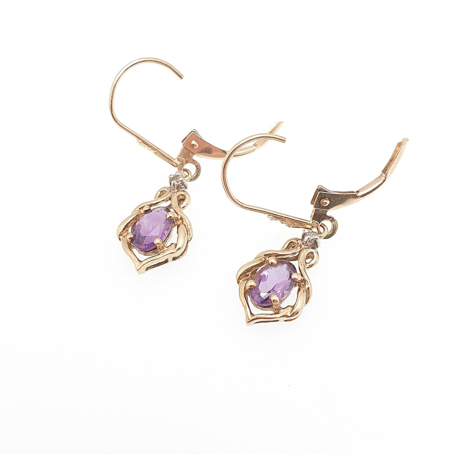 Vintage 10k 10kt Gold Amethyst & Diamond Earrings Oval Cut Hanging Drop Solid 417 Purple Gemstone Jewelry Jewellery Retro