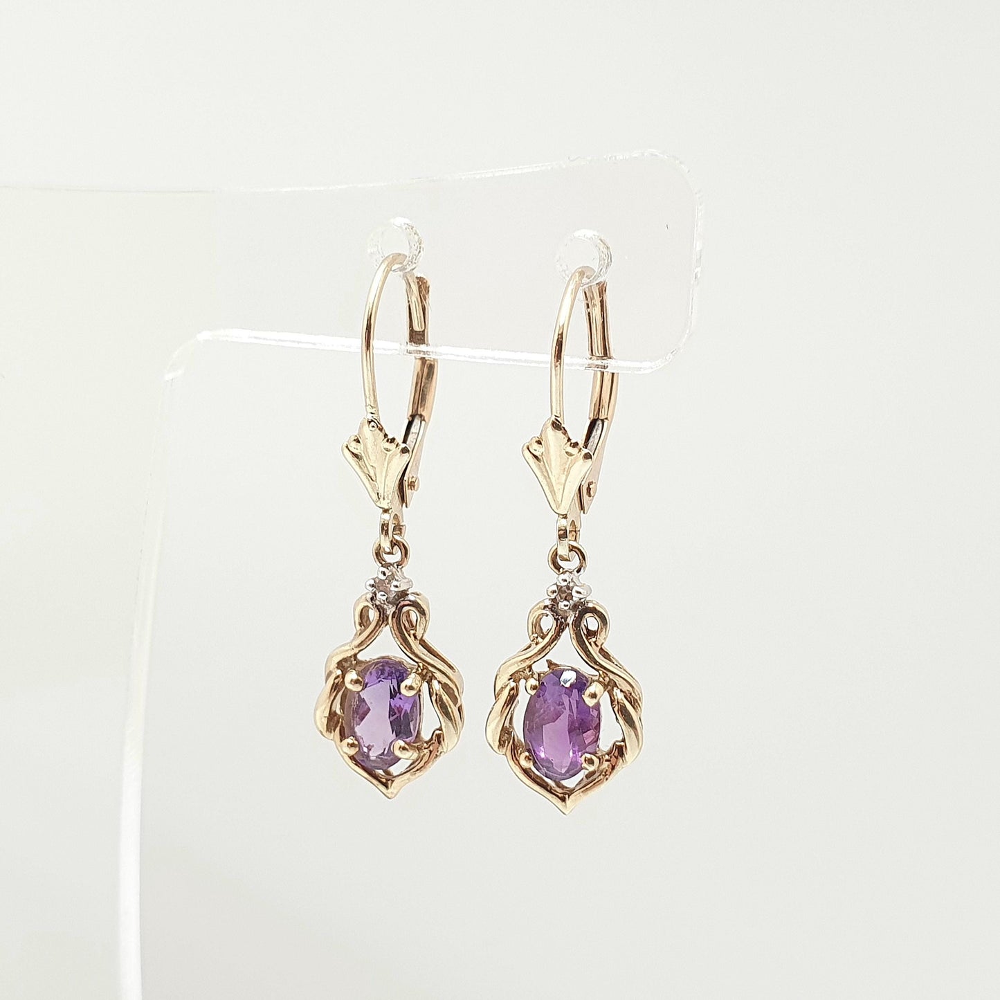 Vintage 10k 10kt Gold Amethyst & Diamond Earrings Oval Cut Hanging Drop Solid 417 Purple Gemstone Jewelry Jewellery Retro