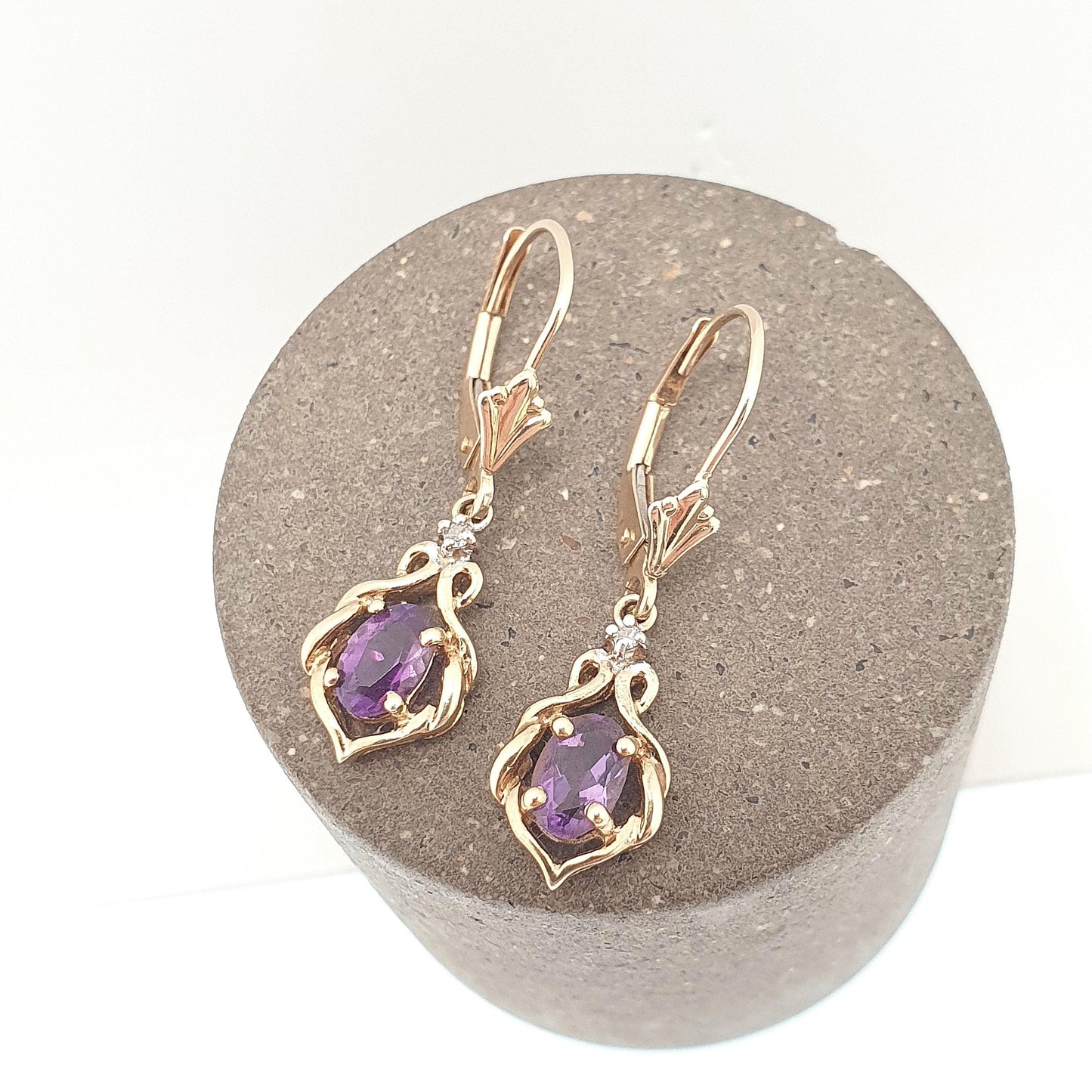 Vintage 10k 10kt Gold Amethyst & Diamond Earrings Oval Cut Hanging Drop Solid 417 Purple Gemstone Jewelry Jewellery Retro