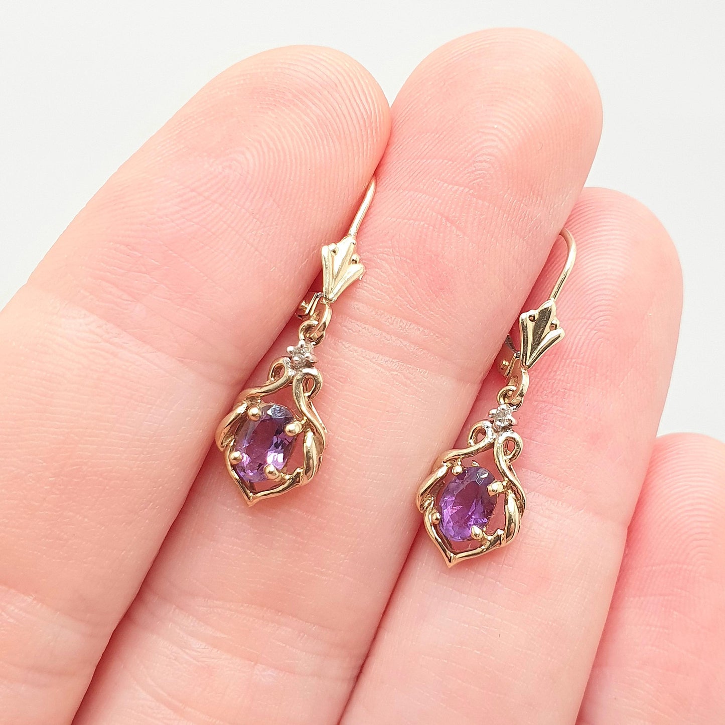Vintage 10k 10kt Gold Amethyst & Diamond Earrings Oval Cut Hanging Drop Solid 417 Purple Gemstone Jewelry Jewellery Retro