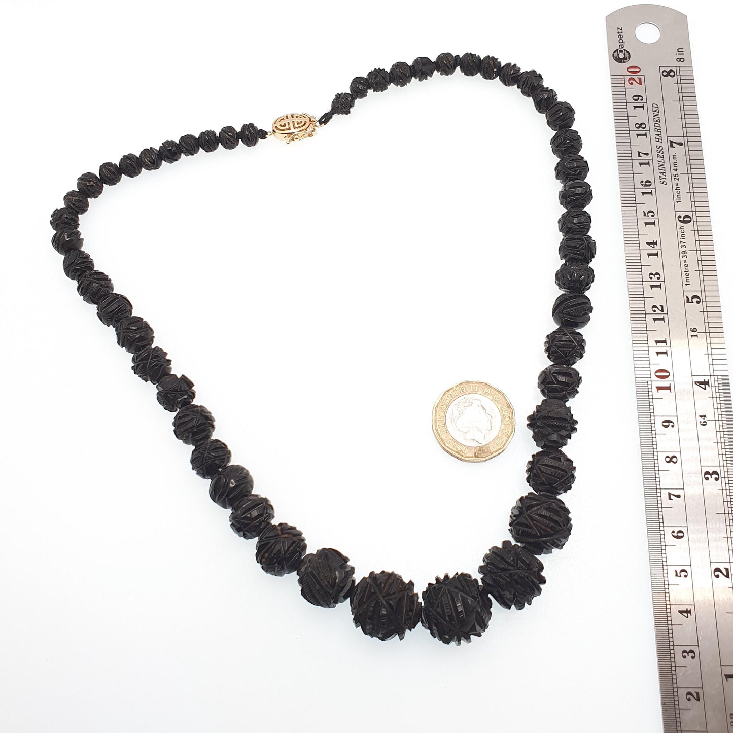 Antique Victorian Whitby Jet Bead Necklace Hand Carved Beads Round Graduating Genuine Mourning 49cm 19.2" 1800s Vintage Jewelry Jewellery