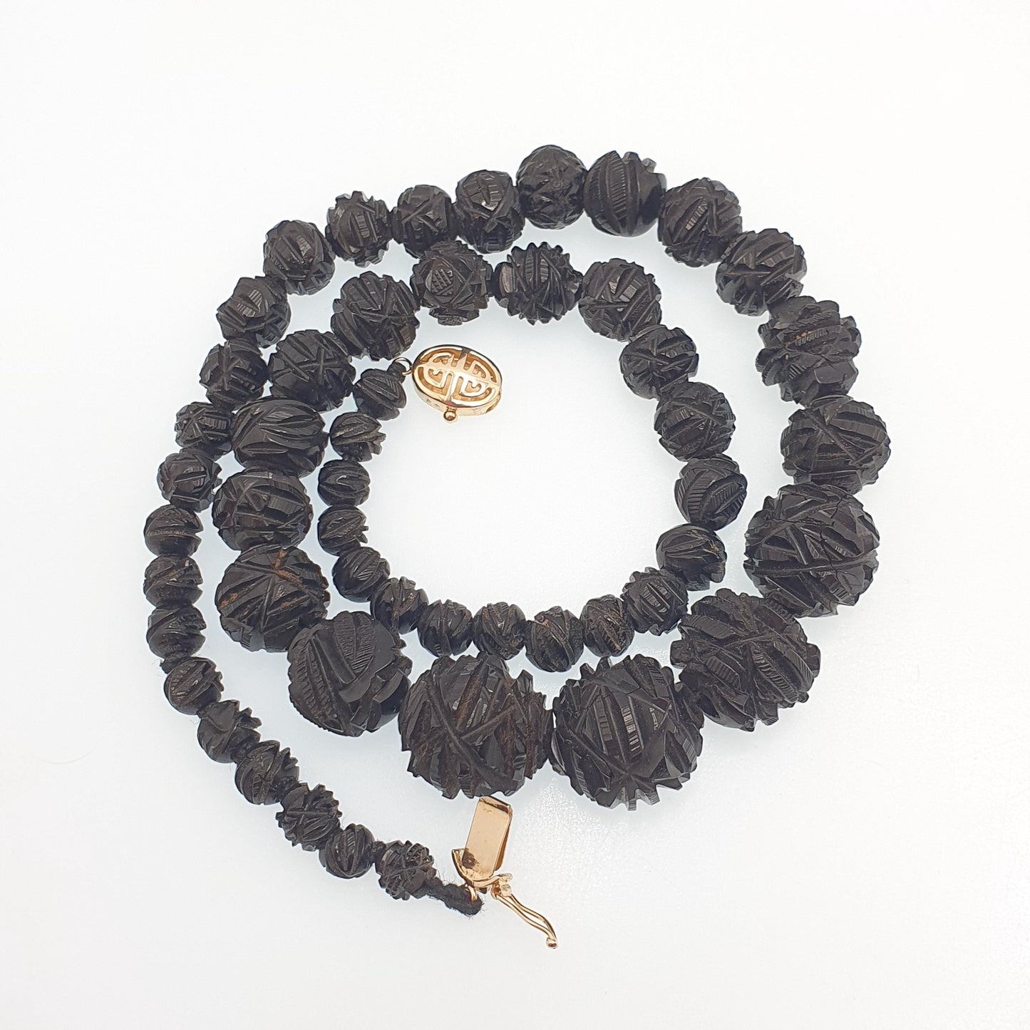 Antique Victorian Whitby Jet Bead Necklace Hand Carved Beads Round Graduating Genuine Mourning 49cm 19.2" 1800s Vintage Jewelry Jewellery