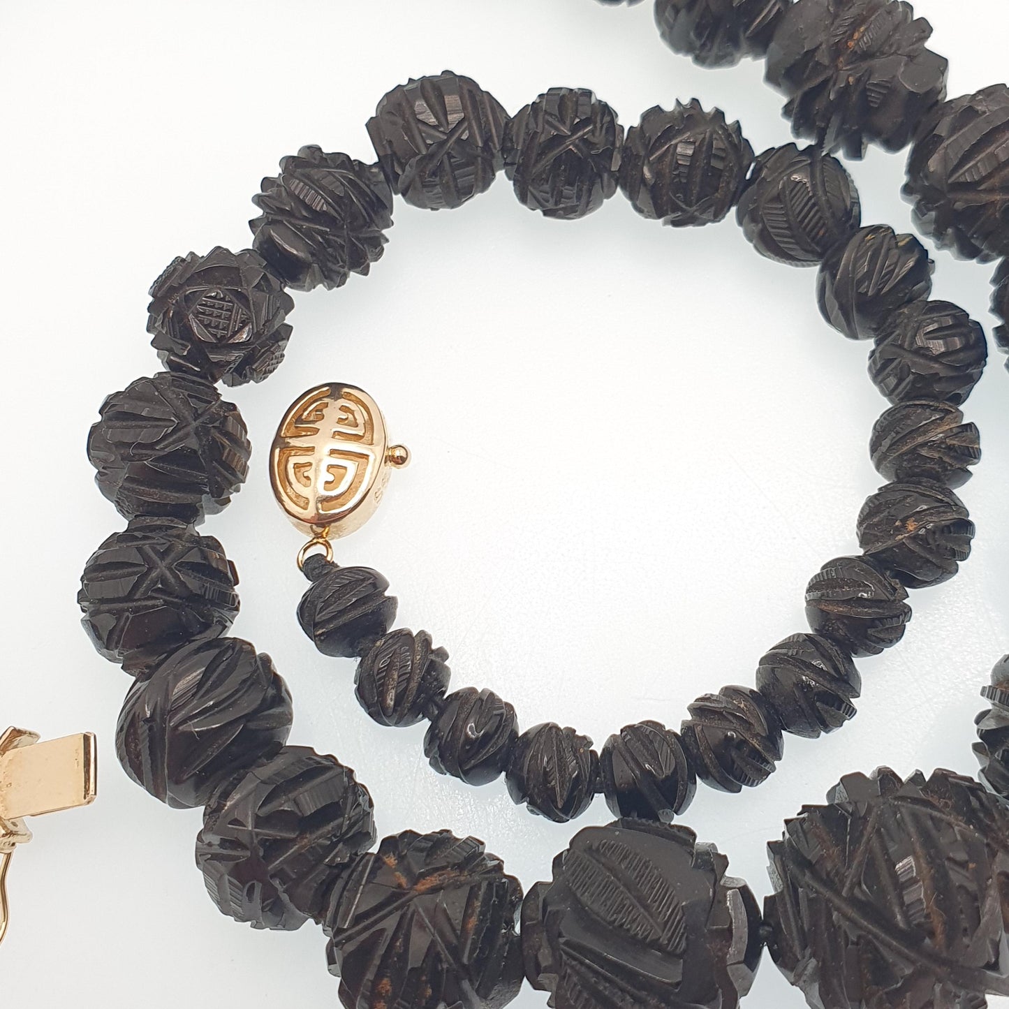 Antique Victorian Whitby Jet Bead Necklace Hand Carved Beads Round Graduating Genuine Mourning 49cm 19.2" 1800s Vintage Jewelry Jewellery