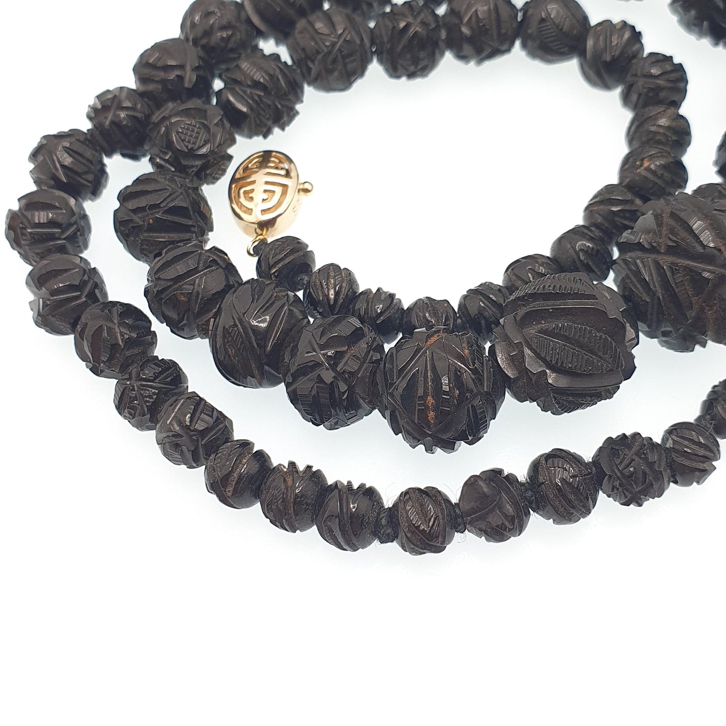 Antique Victorian Whitby Jet Bead Necklace Hand Carved Beads Round Graduating Genuine Mourning 49cm 19.2" 1800s Vintage Jewelry Jewellery