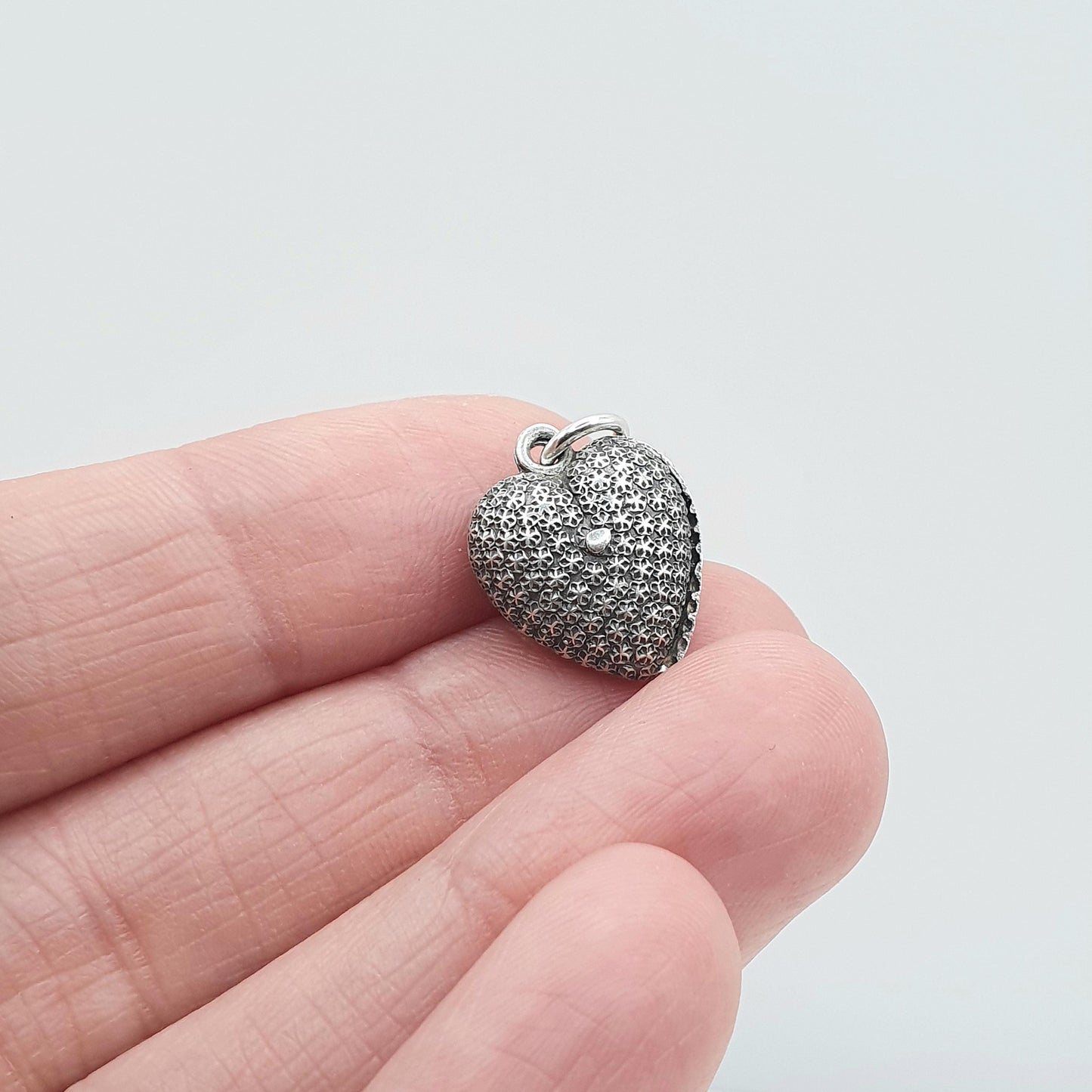 Antique Victorian Solid Silver Puffer Heart Charm Pendant Pastry Cutter Effect Charles Horner Style Womens Jewelry Vintage Jewellery