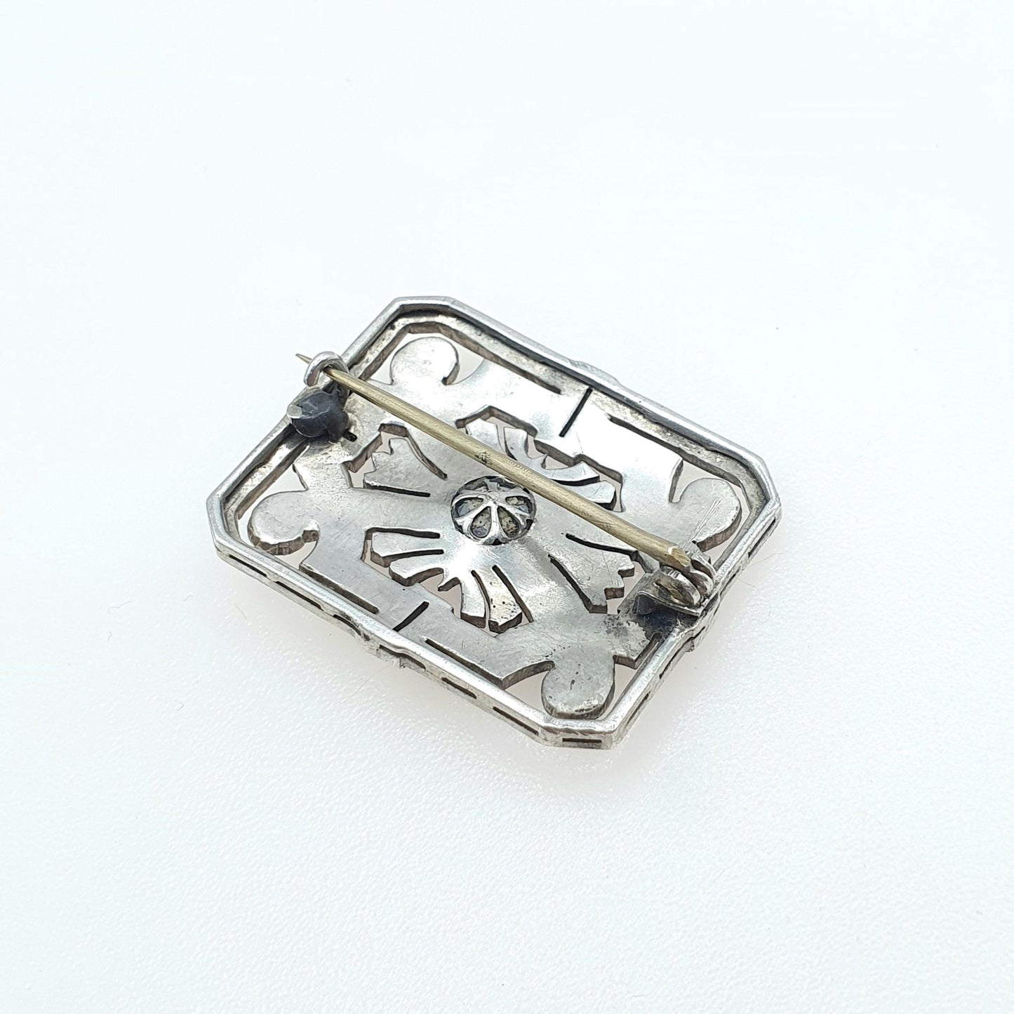 Antique Art Deco Solid Silver Garnet Marcasite Brooch 1920s Large Rectangular Geometric Red Gemstone Womens Jewelry Jewellery