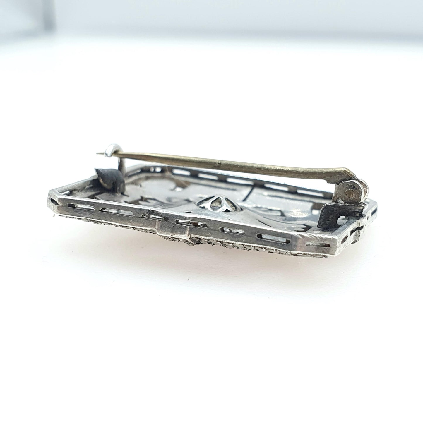 Antique Art Deco Solid Silver Garnet Marcasite Brooch 1920s Large Rectangular Geometric Red Gemstone Womens Jewelry Jewellery