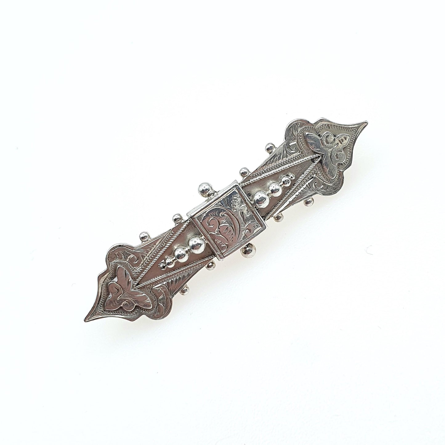 Antique Victorian Sterling Silver Sweetheart Brooch 1894 Hallmark Etruscan Style Pointed Women Jewellery Jewelry Vintage
