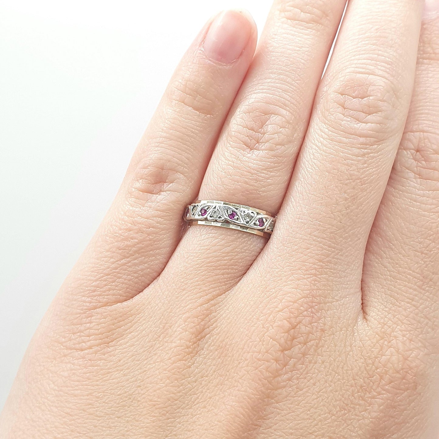 Antique Art Deco 9ct Gold & Solid Silver Ruby Eternity Ring White Spinel Gift Womens Jewellery Jewelry UK J.5 US 5