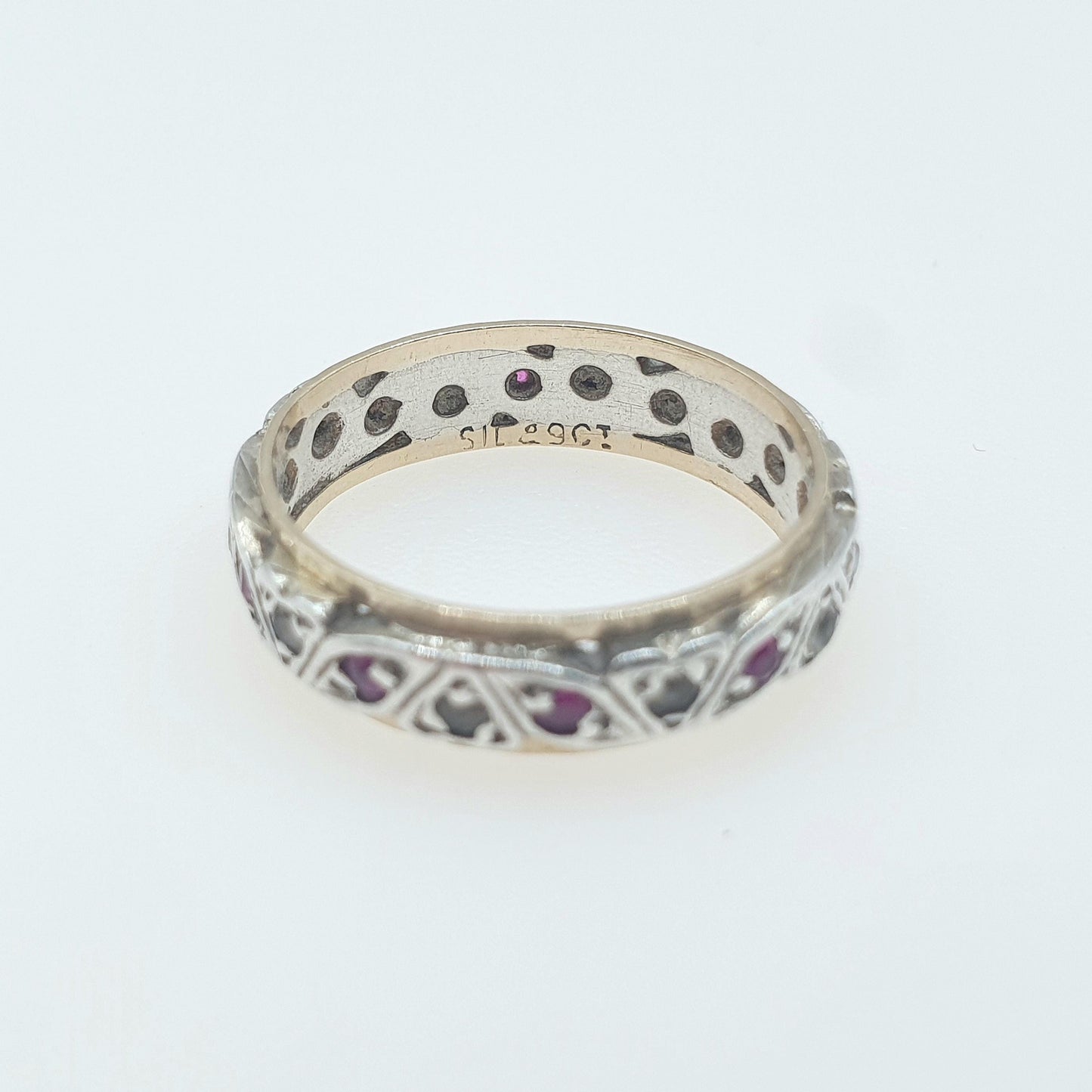 Antique Art Deco 9ct Gold & Solid Silver Ruby Eternity Ring White Spinel Gift Womens Jewellery Jewelry UK J.5 US 5