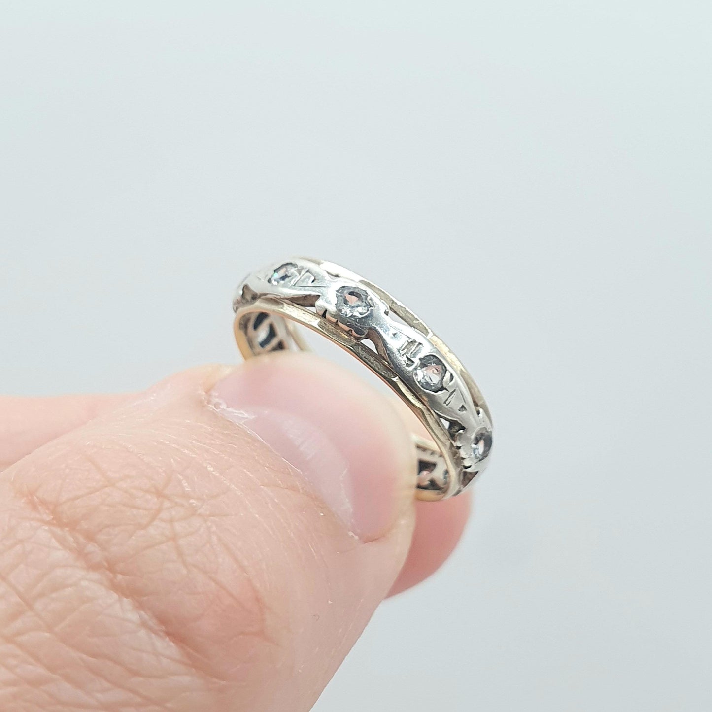 Antique Art Deco 9ct Gold & Solid Silver Eternity Ring White Spinel Womens Jewelry Jewellery UK K.5 US 5.5