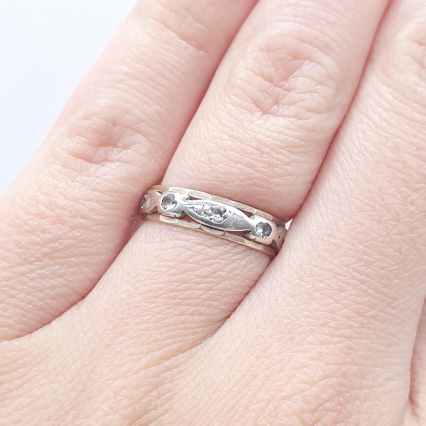 Antique Art Deco 9ct Gold & Solid Silver Eternity Ring White Spinel Womens Jewelry Jewellery UK K.5 US 5.5