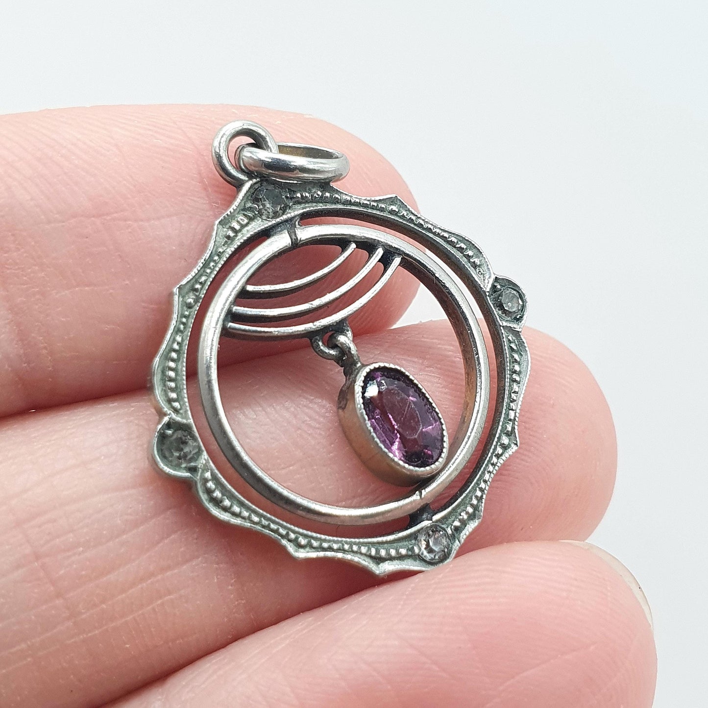 Antique Amethyst & Diamond Paste Edwardian Pendant Silver Tone Base Metal Openwork Pastes Vintage Womens Jewellery Jewelry