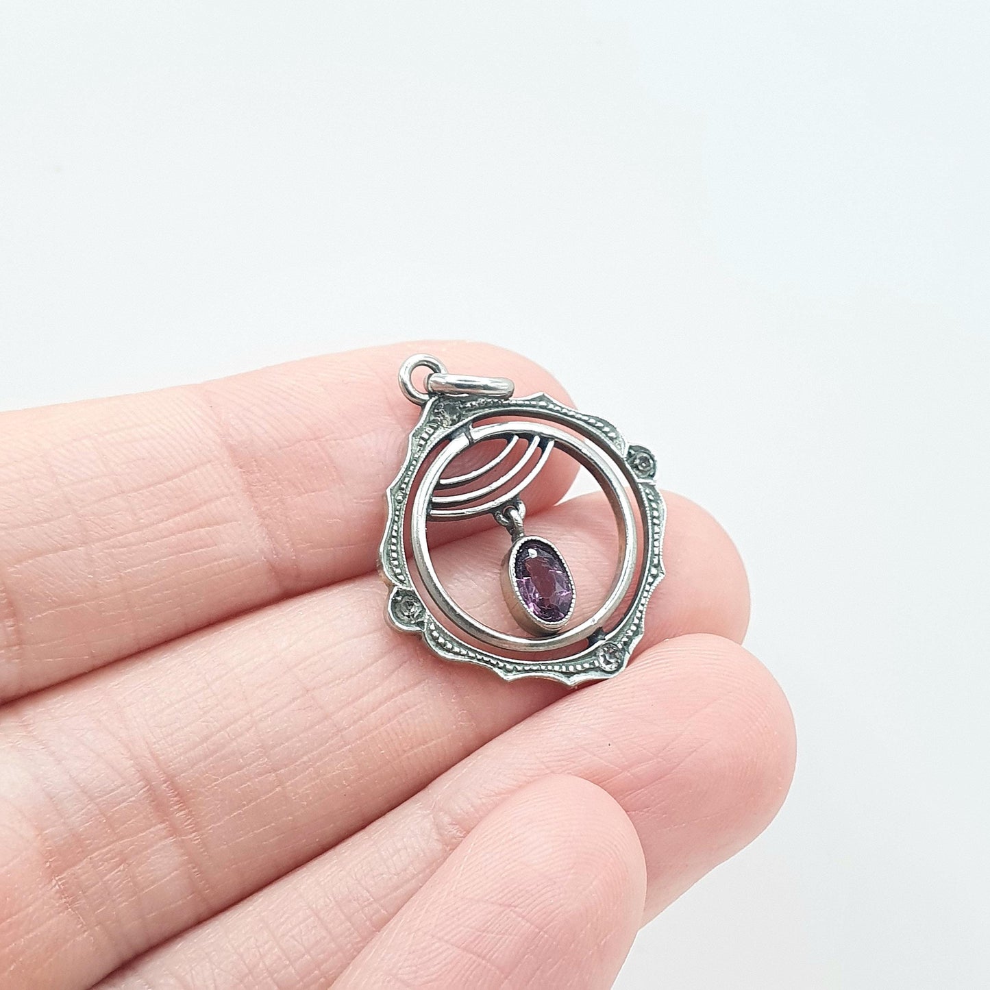 Antique Amethyst & Diamond Paste Edwardian Pendant Silver Tone Base Metal Openwork Pastes Vintage Womens Jewellery Jewelry