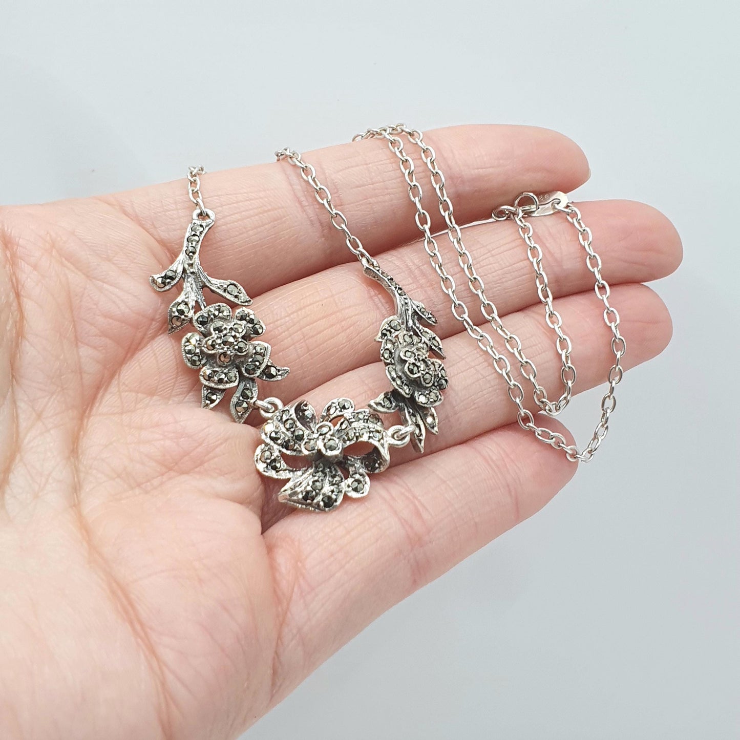 Antique Solid Silver Marcasite Flower Necklace Chain Link Art Deco 1920s Womens Ladies Jewelry Jewellery Unisex 40cm 11.21g