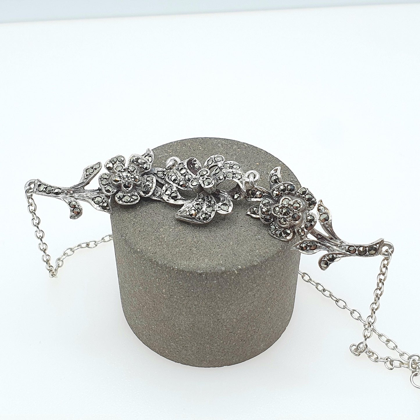 Antique Solid Silver Marcasite Flower Necklace Chain Link Art Deco 1920s Womens Ladies Jewelry Jewellery Unisex 40cm 11.21g