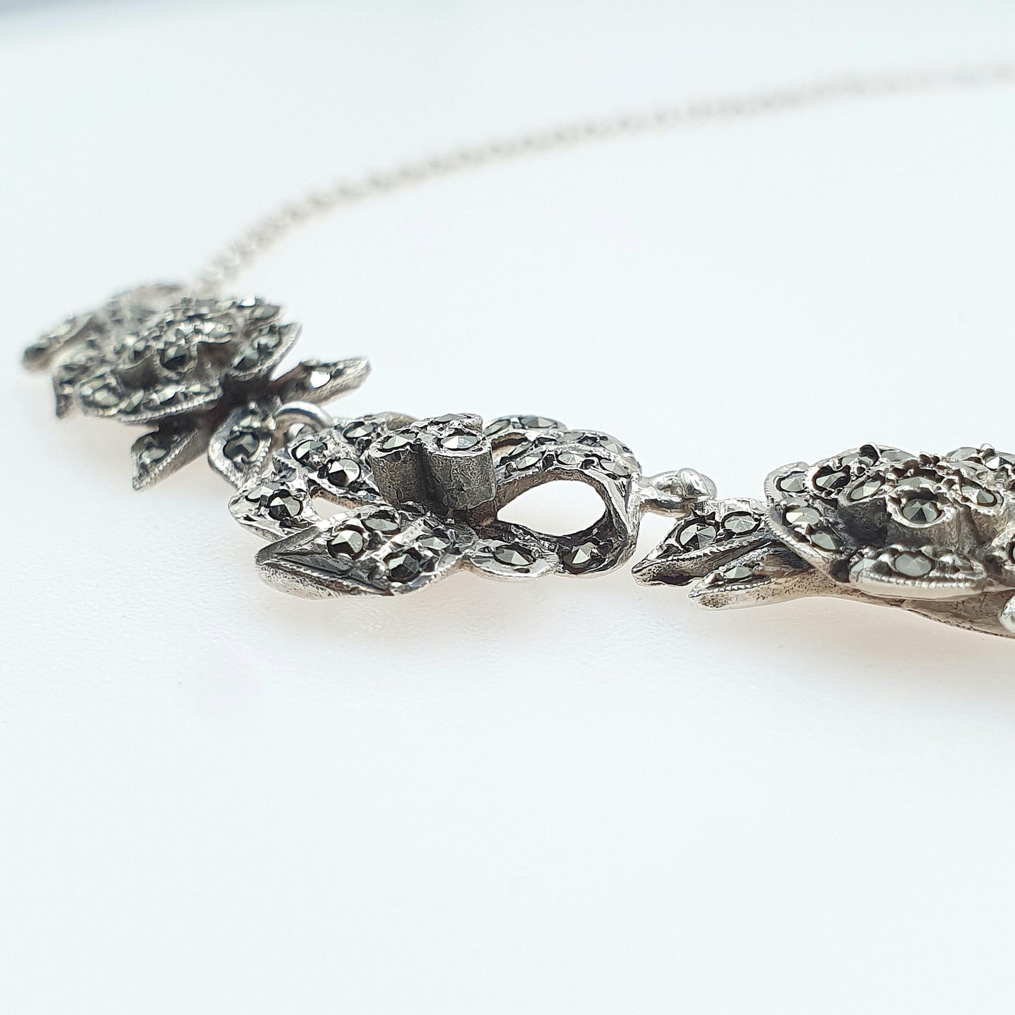 Antique Solid Silver Marcasite Flower Necklace Chain Link Art Deco 1920s Womens Ladies Jewelry Jewellery Unisex 40cm 11.21g