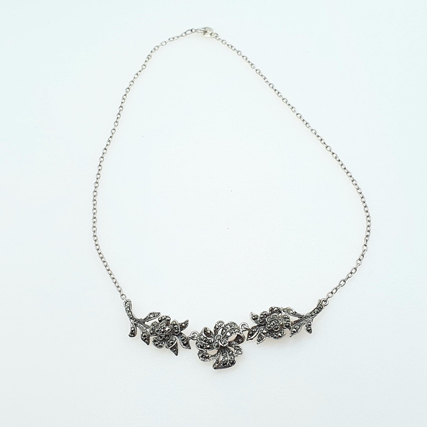 Antique Solid Silver Marcasite Flower Necklace Chain Link Art Deco 1920s Womens Ladies Jewelry Jewellery Unisex 40cm 11.21g