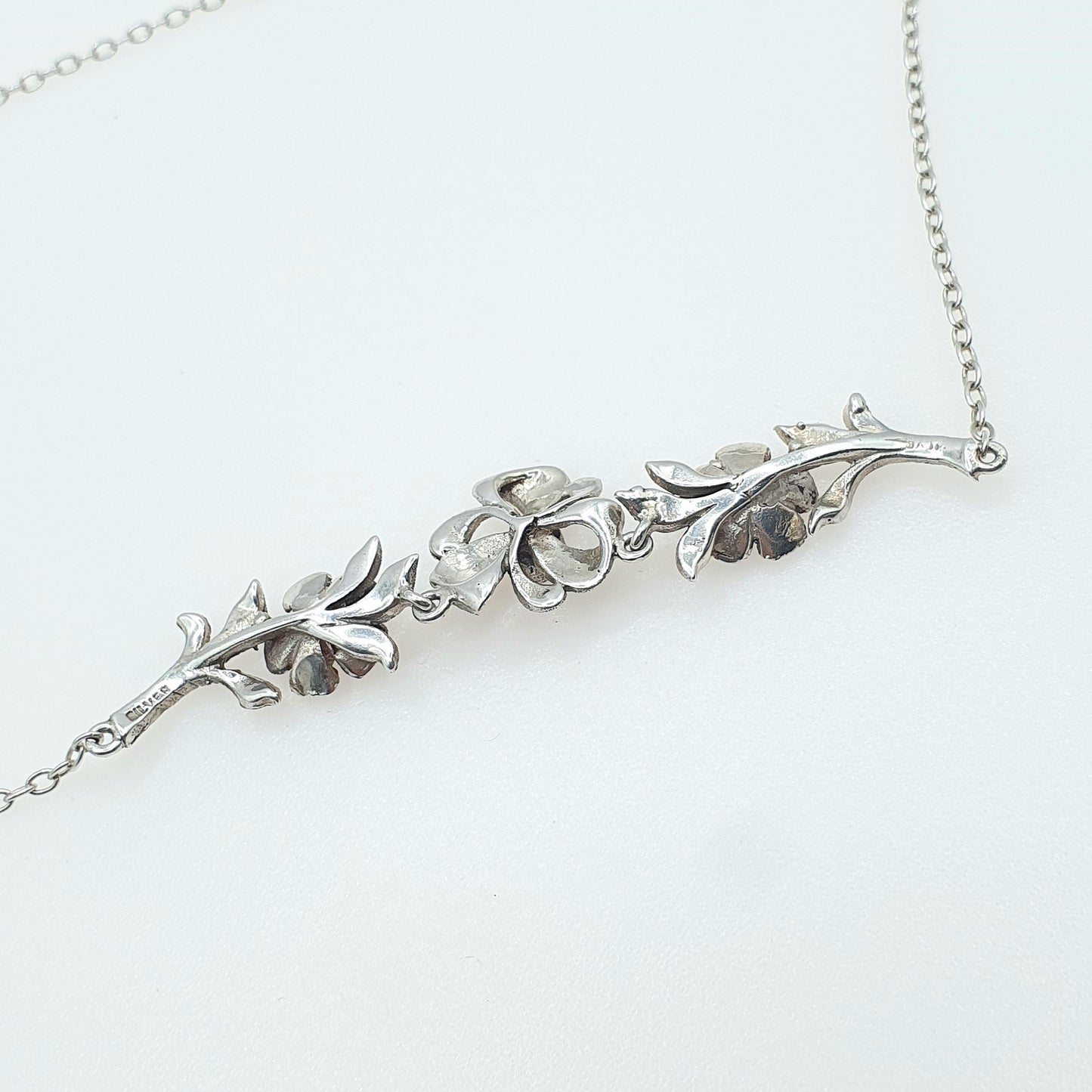 Antique Solid Silver Marcasite Flower Necklace Chain Link Art Deco 1920s Womens Ladies Jewelry Jewellery Unisex 40cm 11.21g