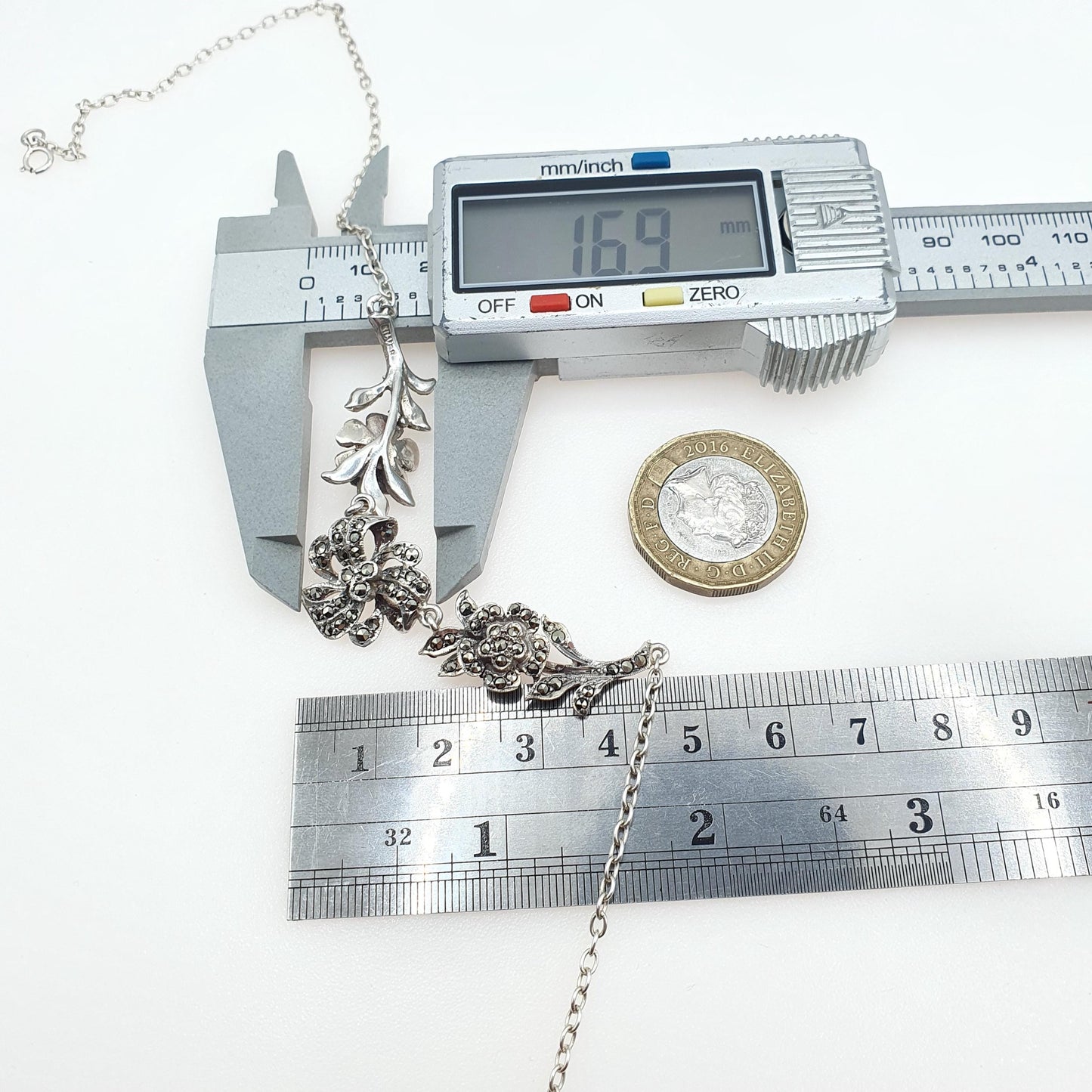 Antique Solid Silver Marcasite Flower Necklace Chain Link Art Deco 1920s Womens Ladies Jewelry Jewellery Unisex 40cm 11.21g