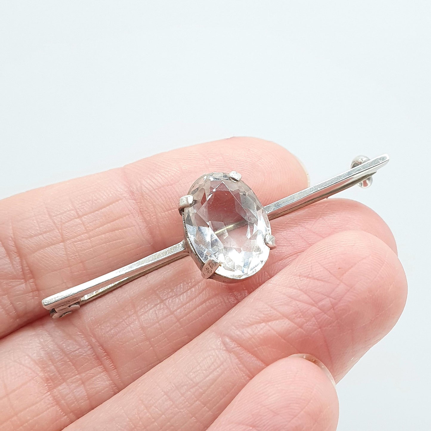 Antique Solid Silver Rock Crystal Brooch Bar Pin White Quartz Genuine White Gemstone Oval Cut Womens Jewelry Jewellery Vintage
