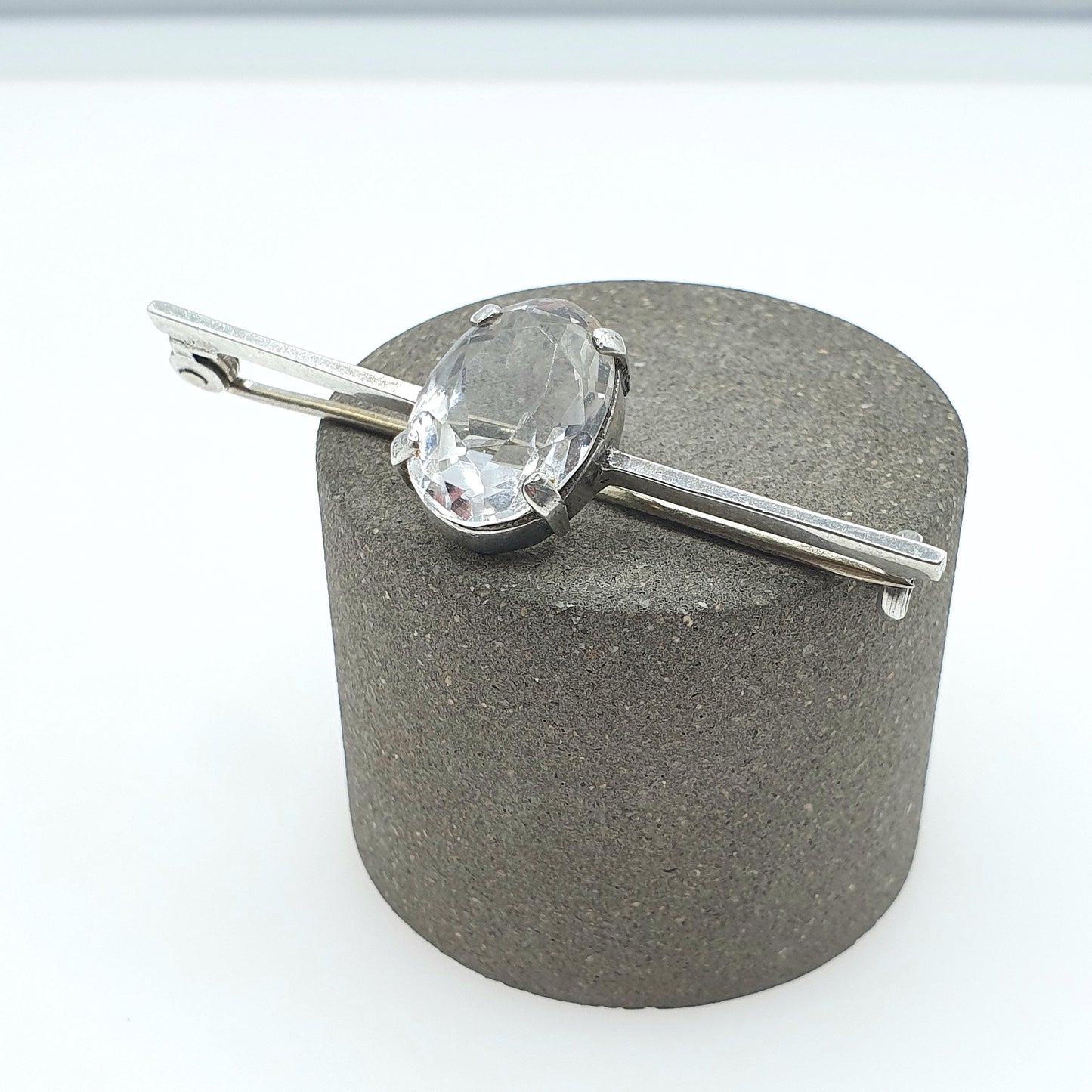 Antique Solid Silver Rock Crystal Brooch Bar Pin White Quartz Genuine White Gemstone Oval Cut Womens Jewelry Jewellery Vintage